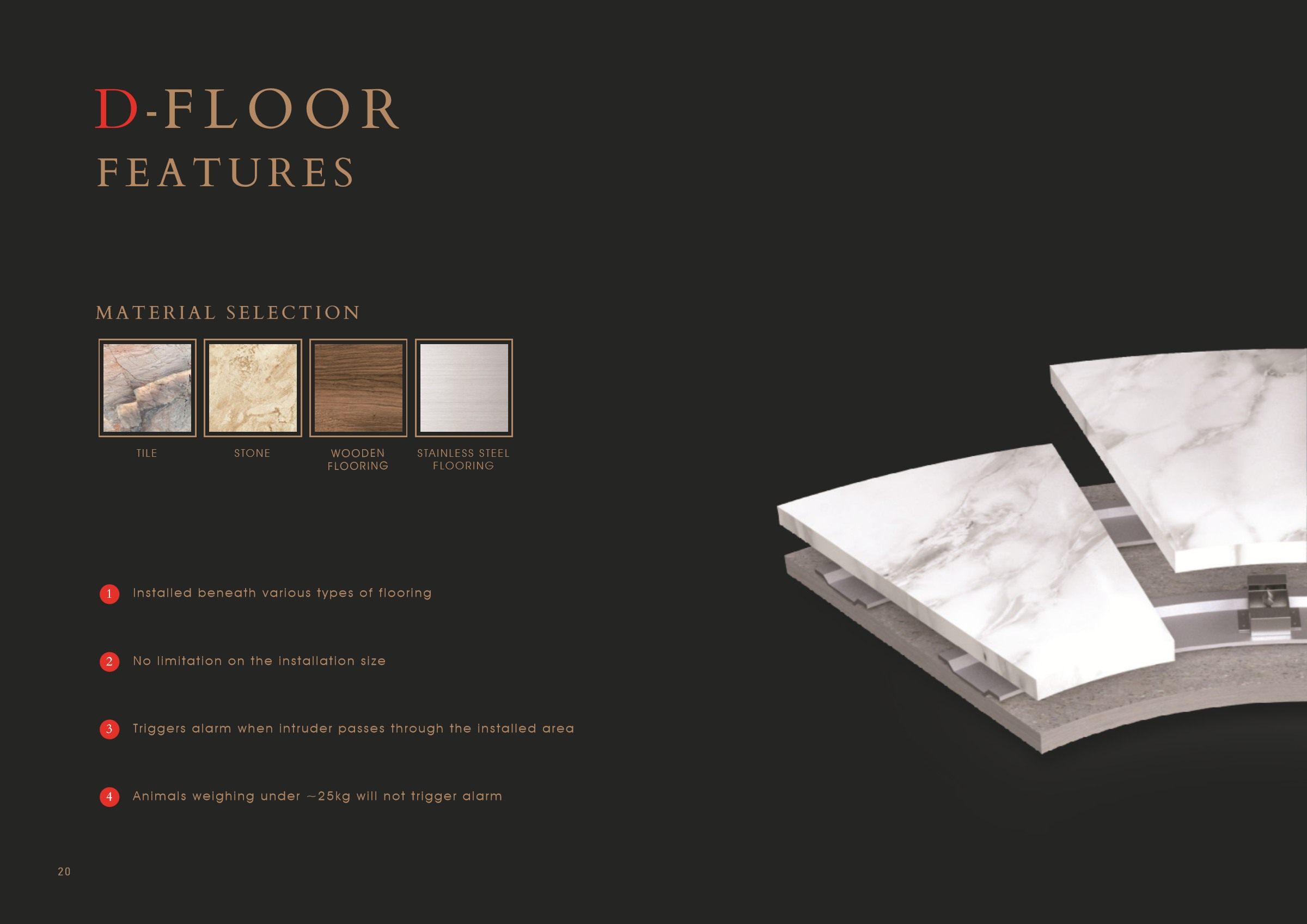 D-Floor features page: tile, stone, wooden and stainless-steel flooring, four feature points and an exploded marble-tile render