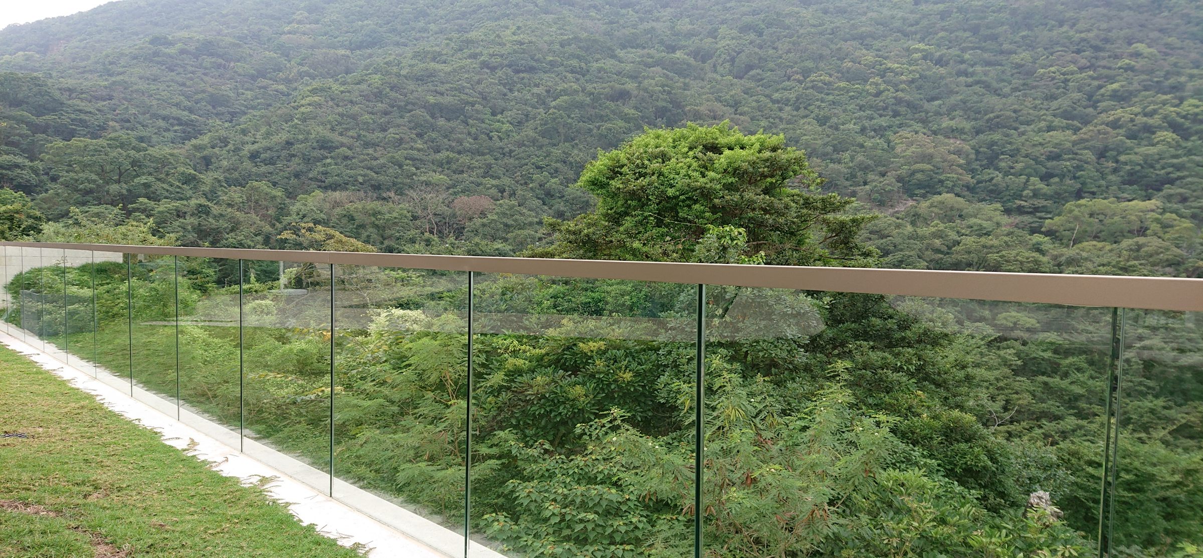 Long frameless glass balustrade with a bronze-toned metal capping above a forested hillside