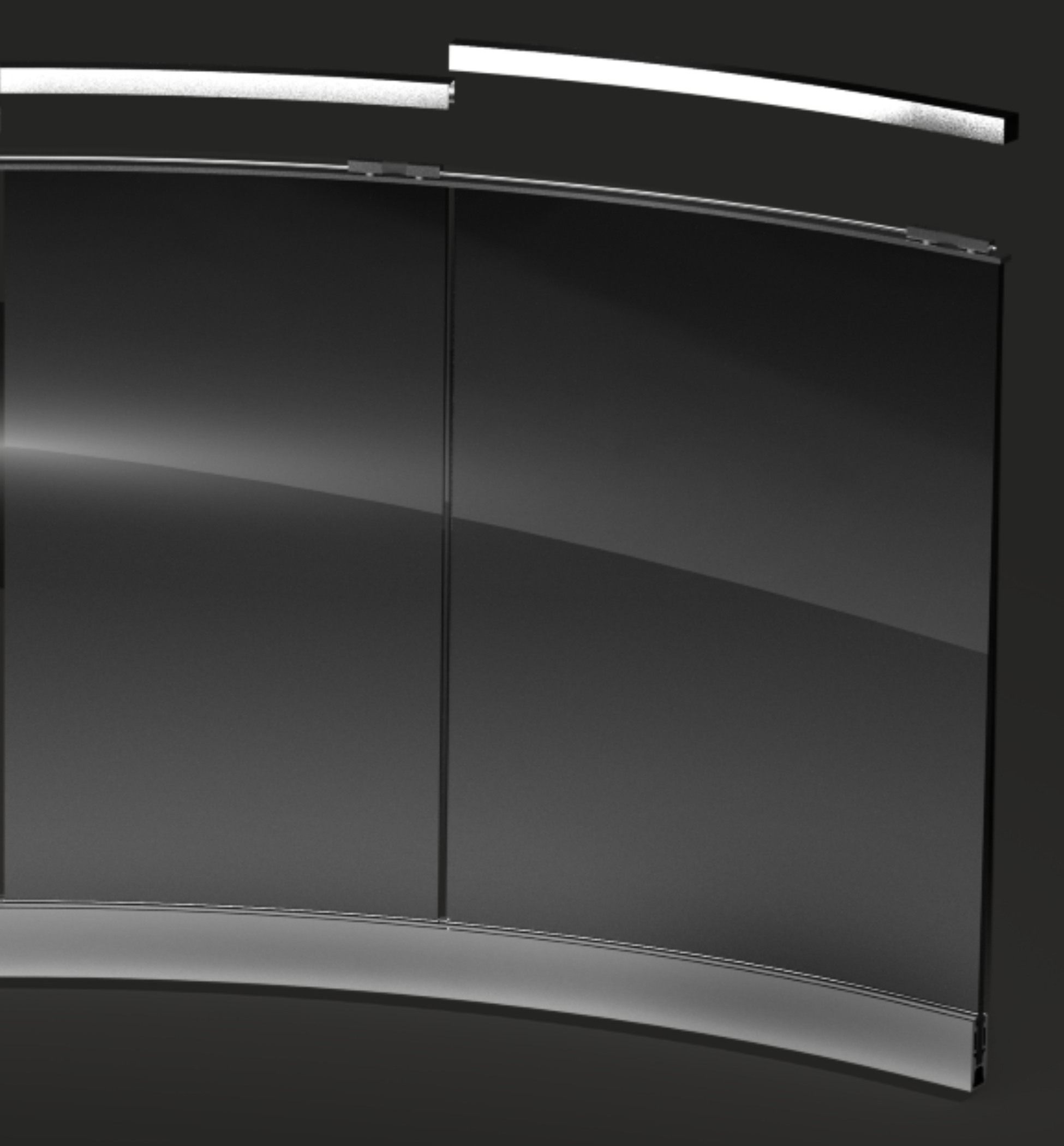 Render of a curved dark-glass balustrade with its metal capping lifted, showing the sensor channel on top of the glass