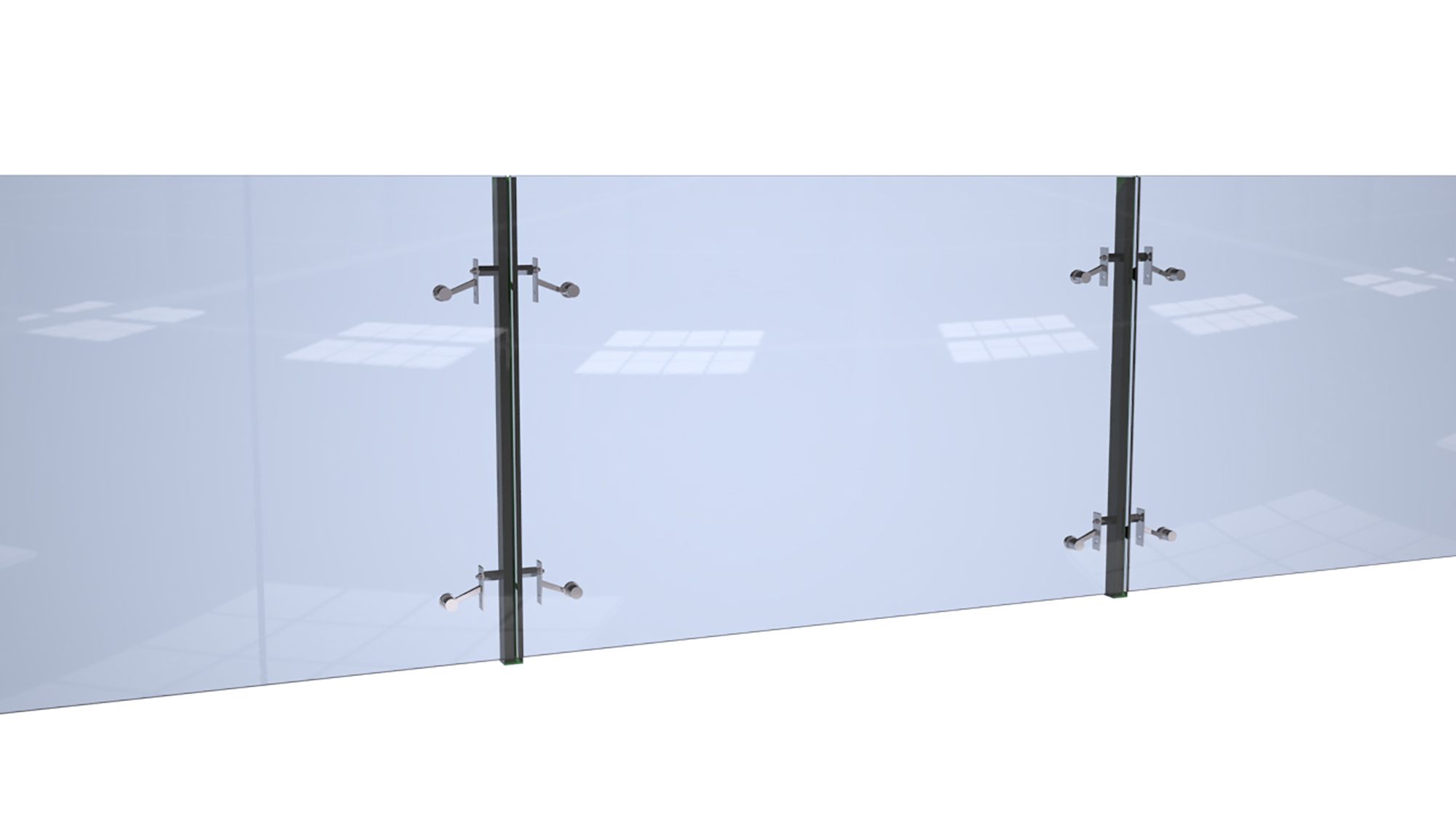 Render of glass panels held by two sensor posts with glass clamps, the D-Glass option with sensors in the posts
