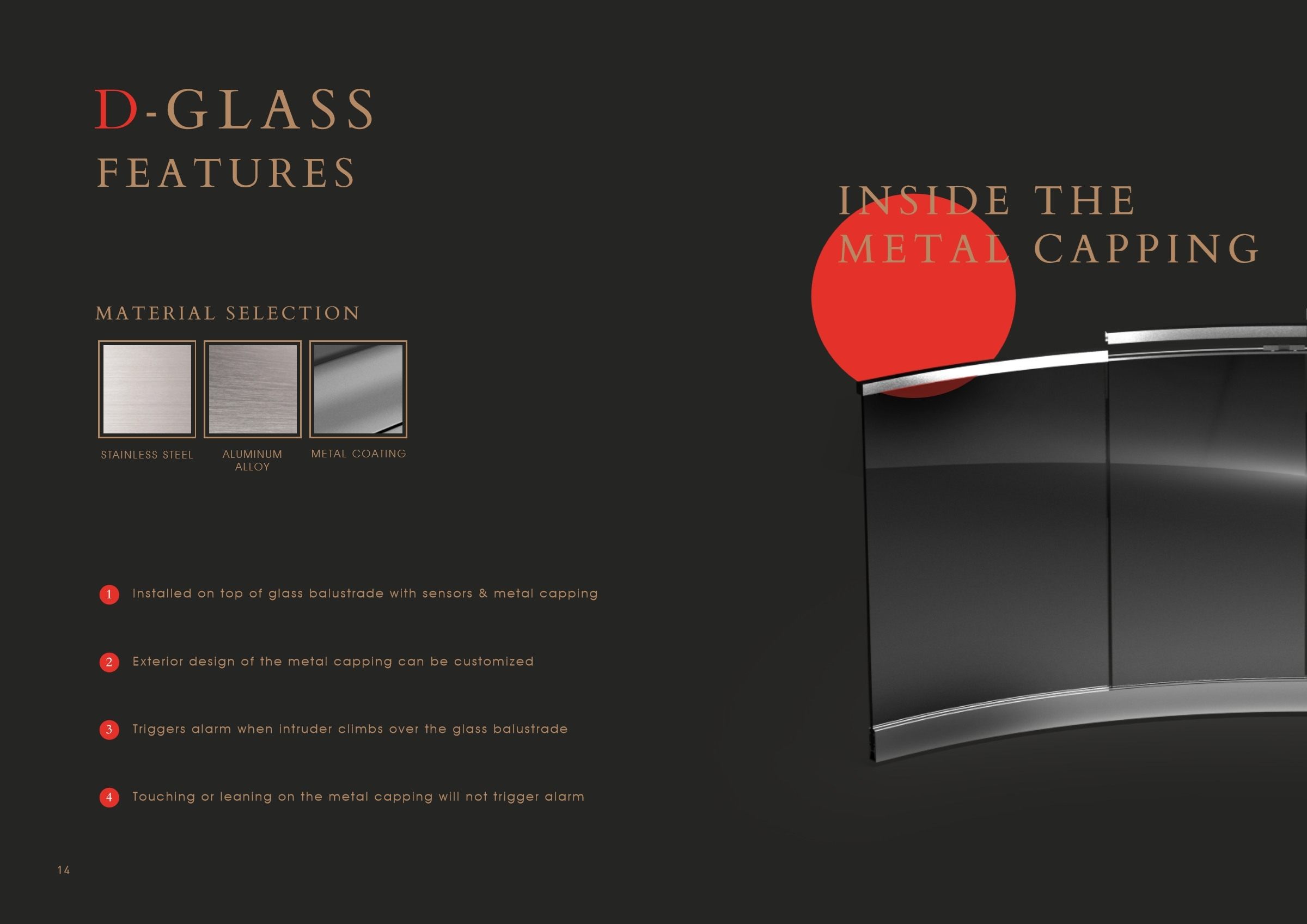 D-Glass features page: capping materials stainless steel, aluminium alloy and metal coating, four feature points and a capping render