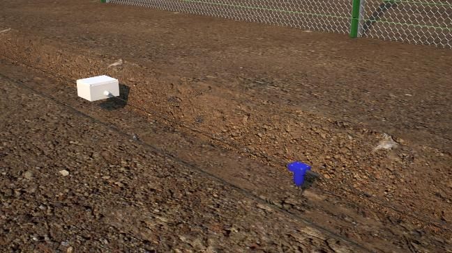 Render: a blue D-Ground seismic sensor in the ground beside a chain-link fence, with its cable running to a junction box