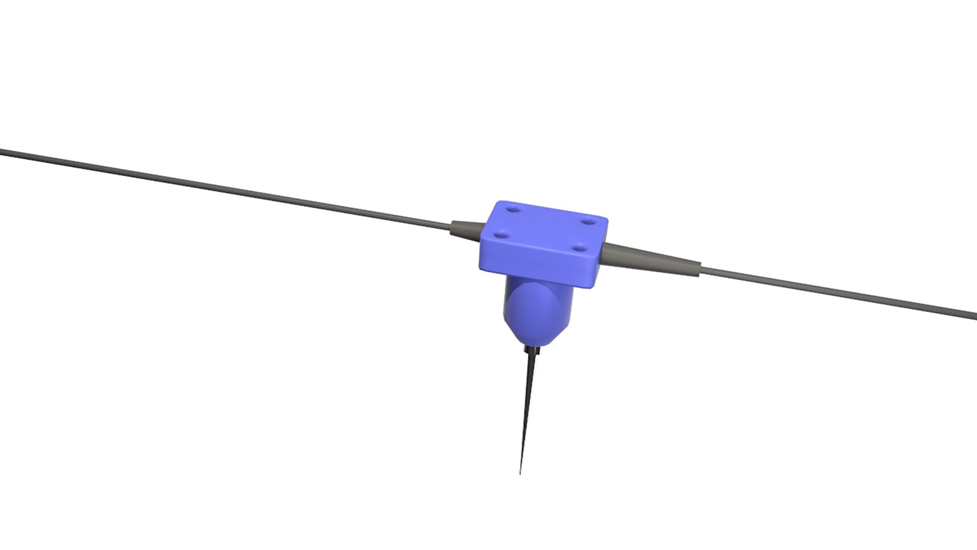Render on white: the blue D-Ground seismic sensor with its ground spike, on the sensor cable