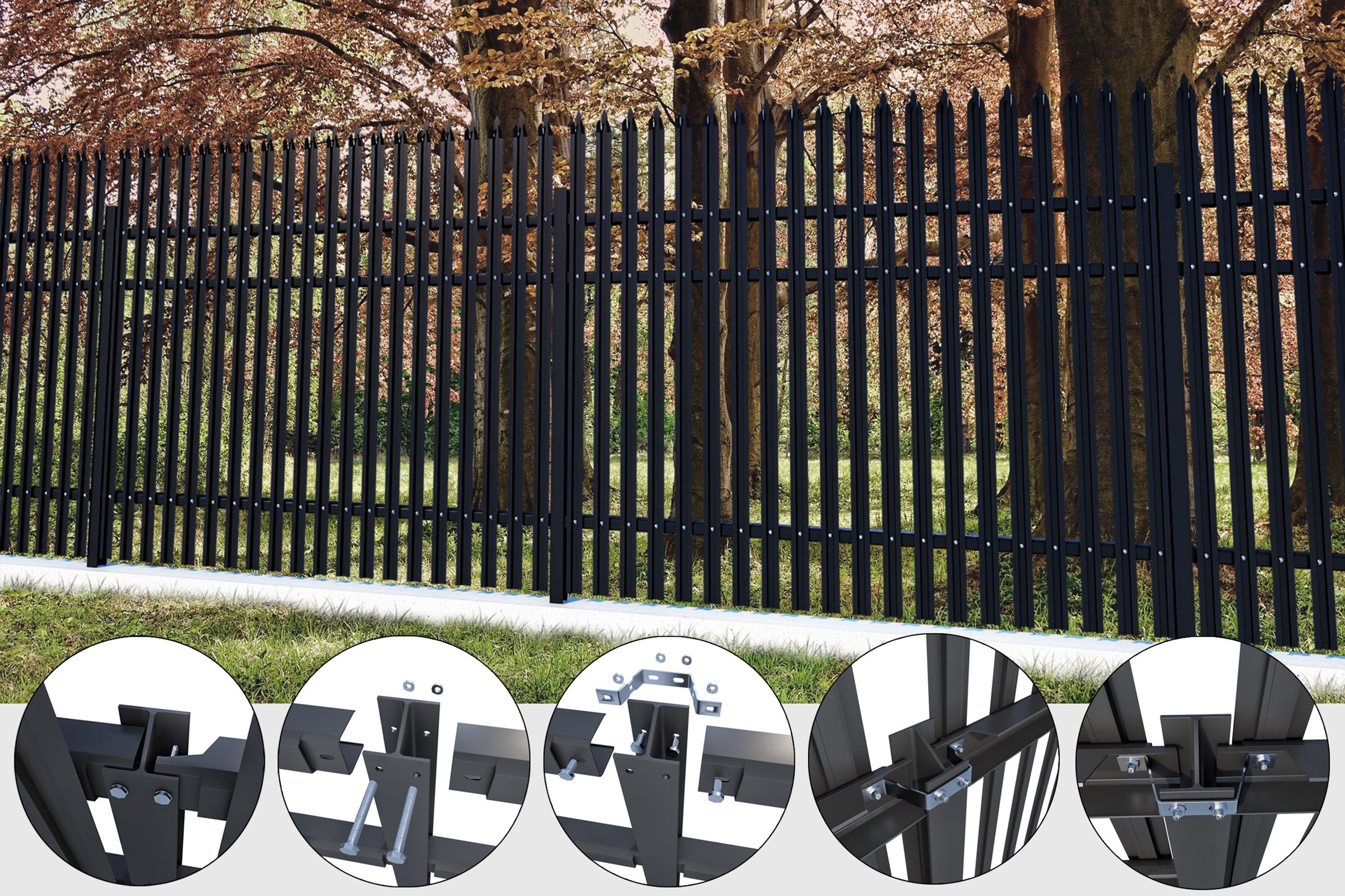 Render: black spear-top palisade fence with five close-ups of the D-Palisade bracket and its mounting steps
