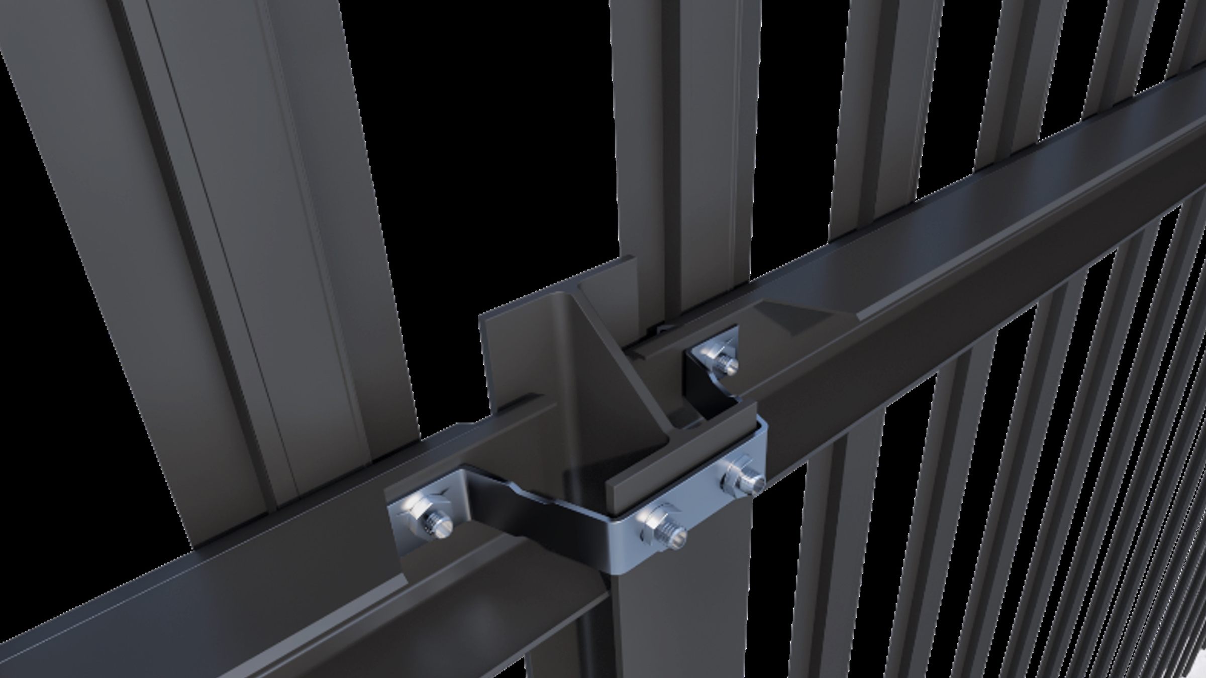 Render: the stainless-steel D-Palisade clamp bolted over the post and rail of a black palisade fence
