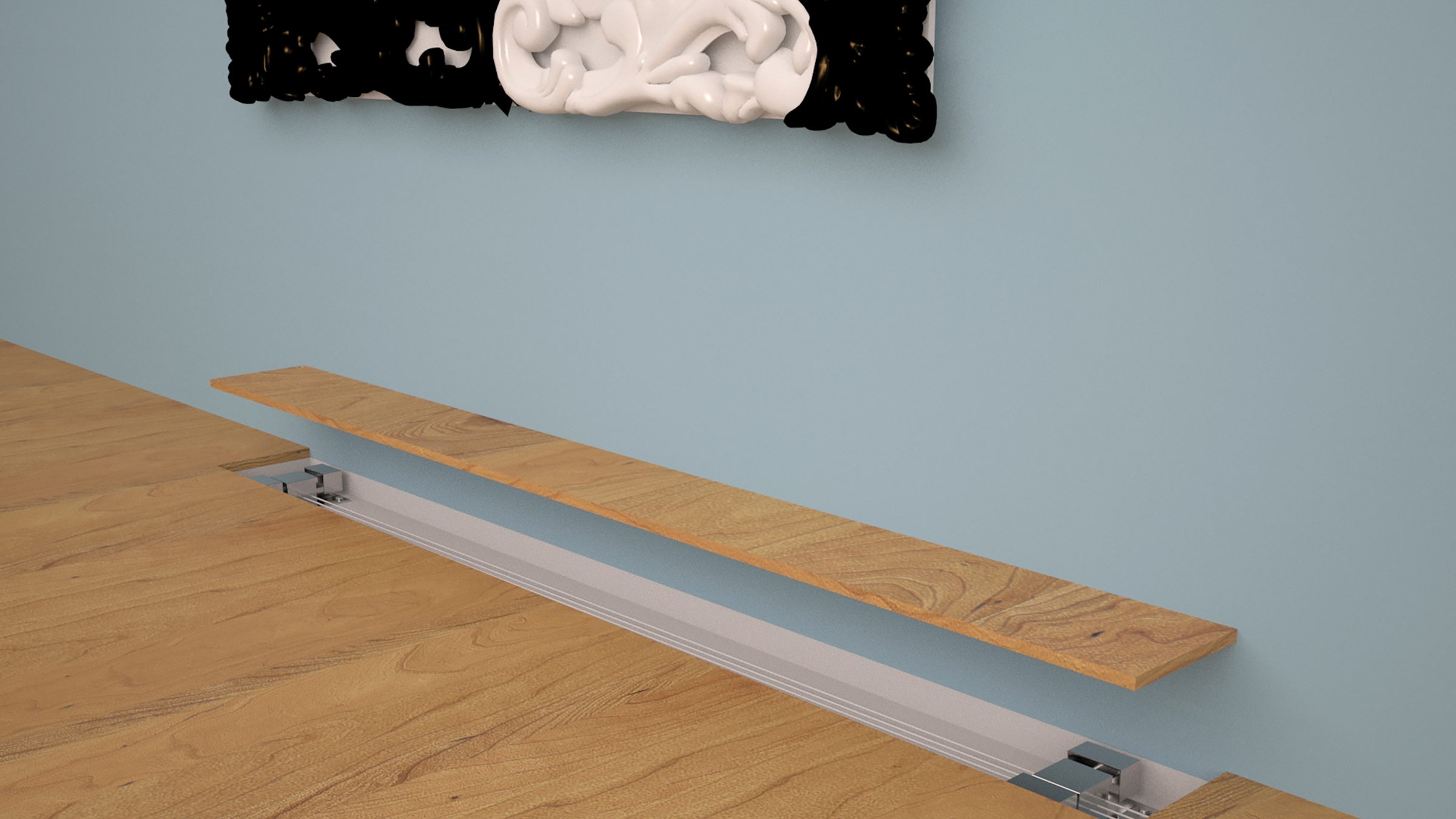 Gallery floor in front of a painting with one wooden board lifted, showing a pressure strip with sensors underneath