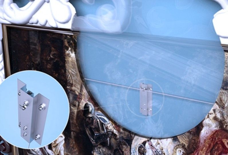 X-ray style view behind a painting showing the concealed D-Picture sensor, with a close-up of the sensor bracket