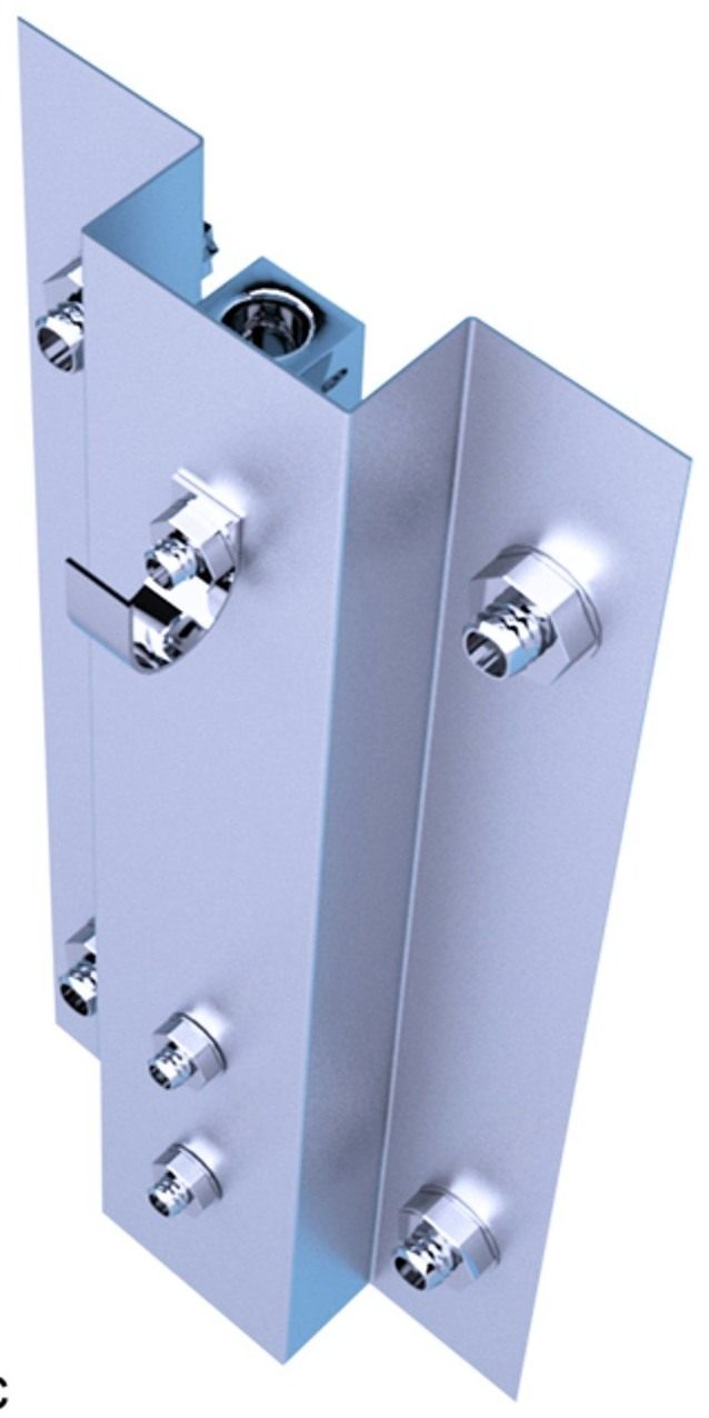 The silver D-Picture strain-gauge sensor with its bracket and bolts, on white