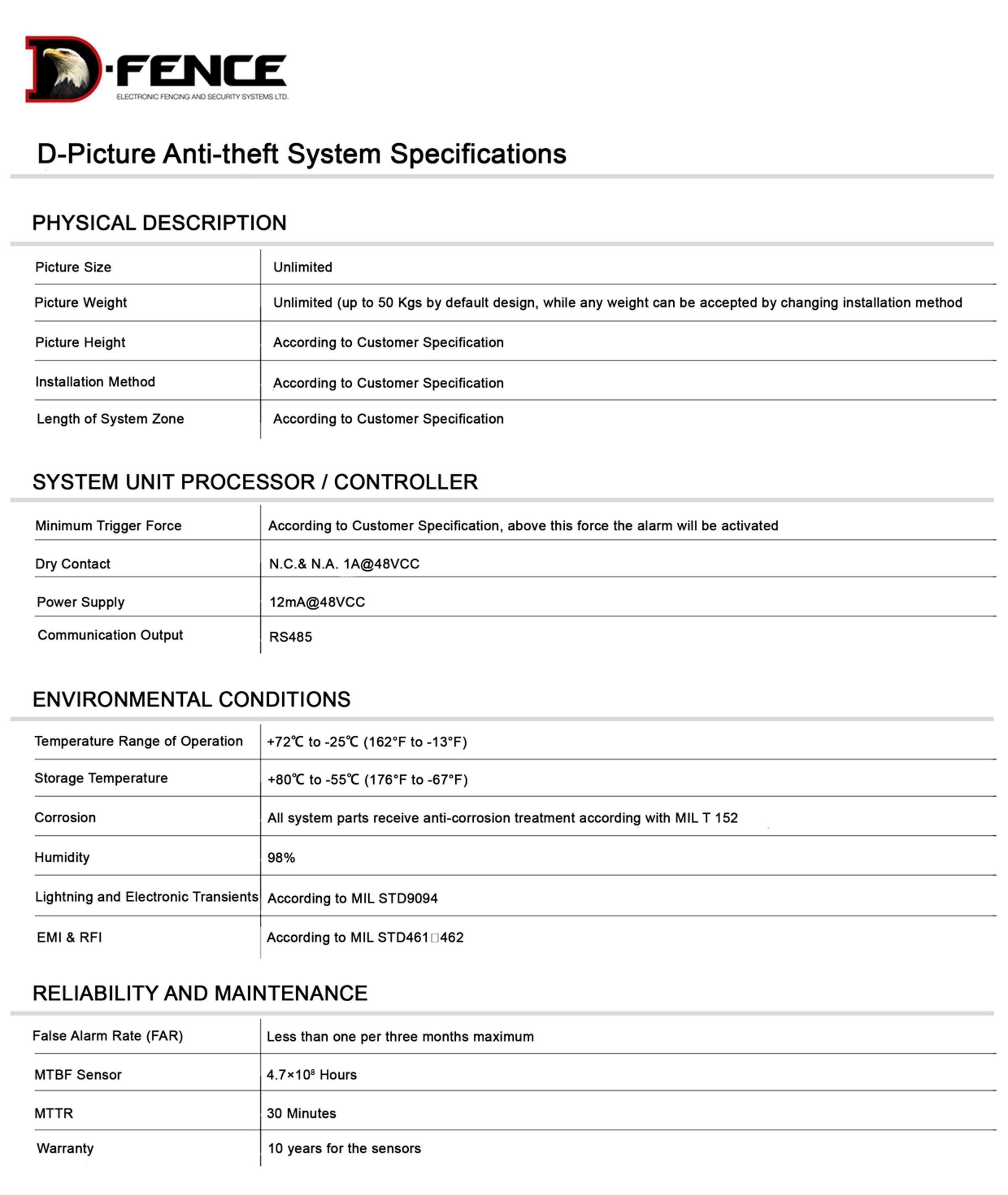 D-Picture specification table: physical description, system unit processor, environmental conditions, reliability and maintenance