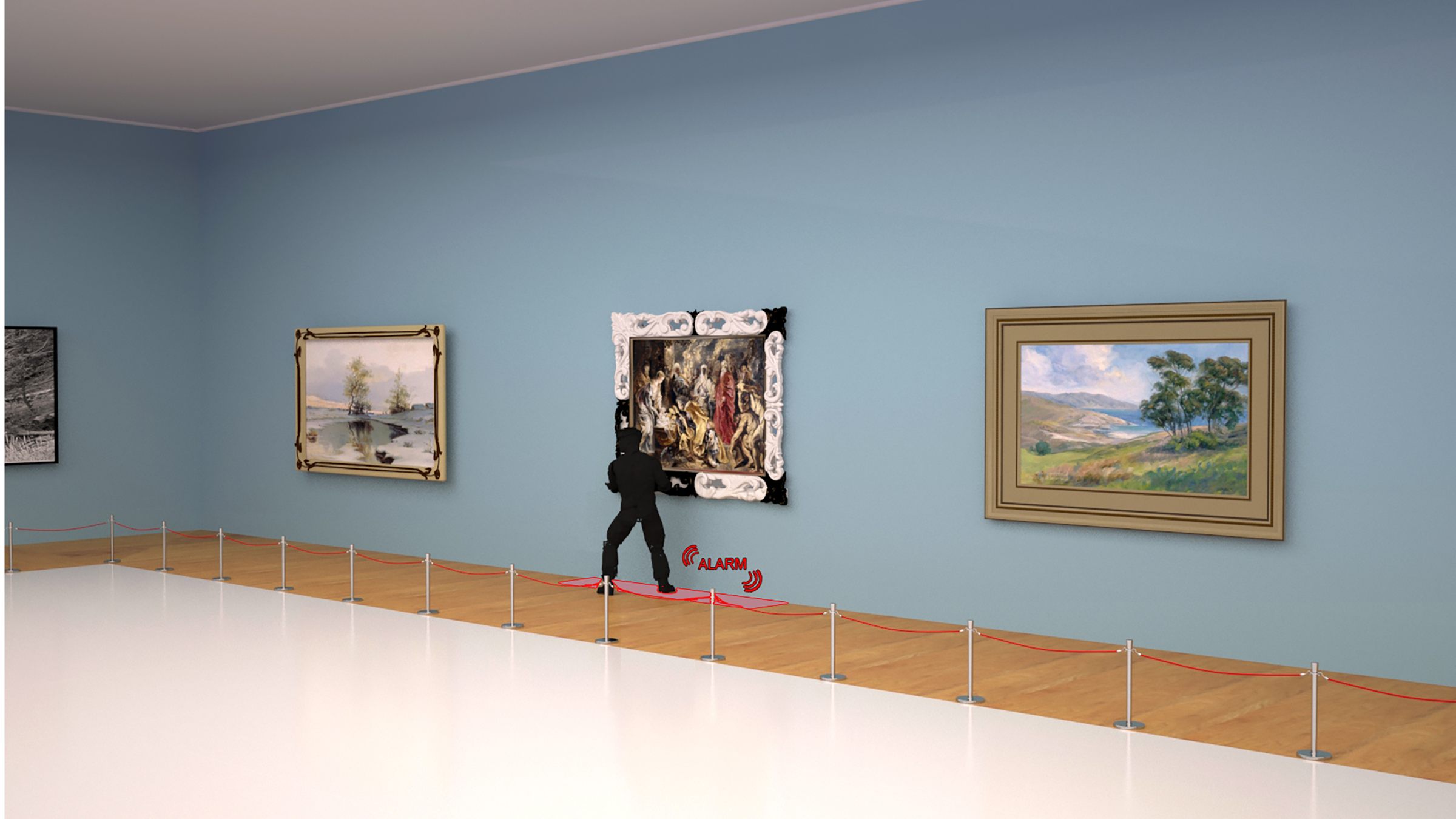 围绳隔离后陈列着画作的展厅:一名戴兜帽的入侵者伸手去拿中间的画作,画前的地面防区变为红色,ALARM 报警响起