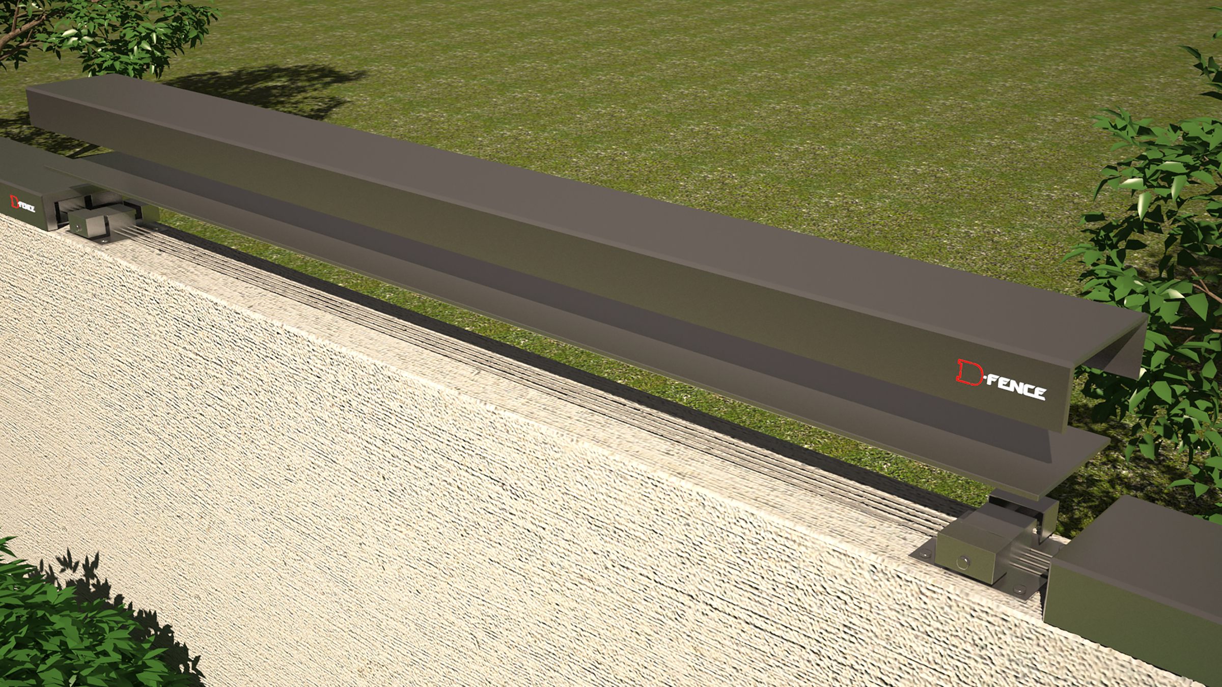 Render: dark metal coping lifted off a rendered wall to show the D-FENCE pressure sensors beneath