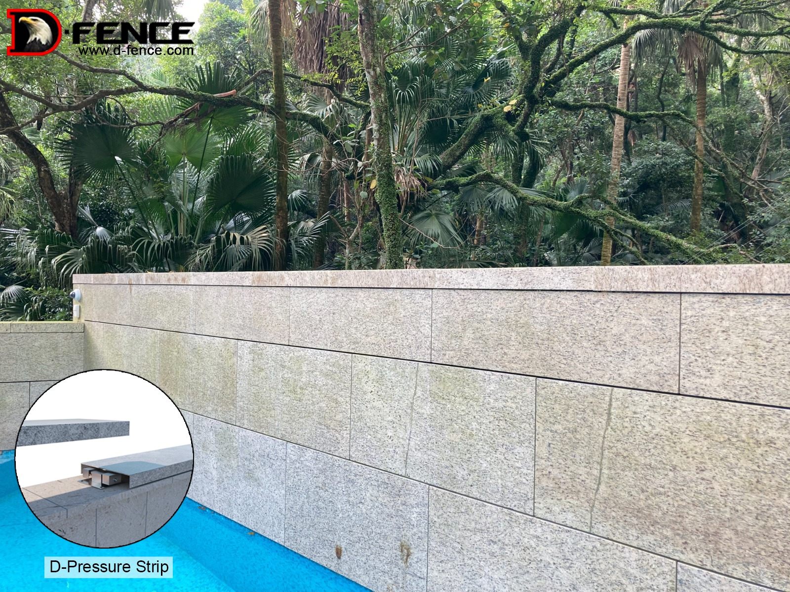 Stone garden wall beside a pool, with an inset of the D-Pressure Strip profile under the coping