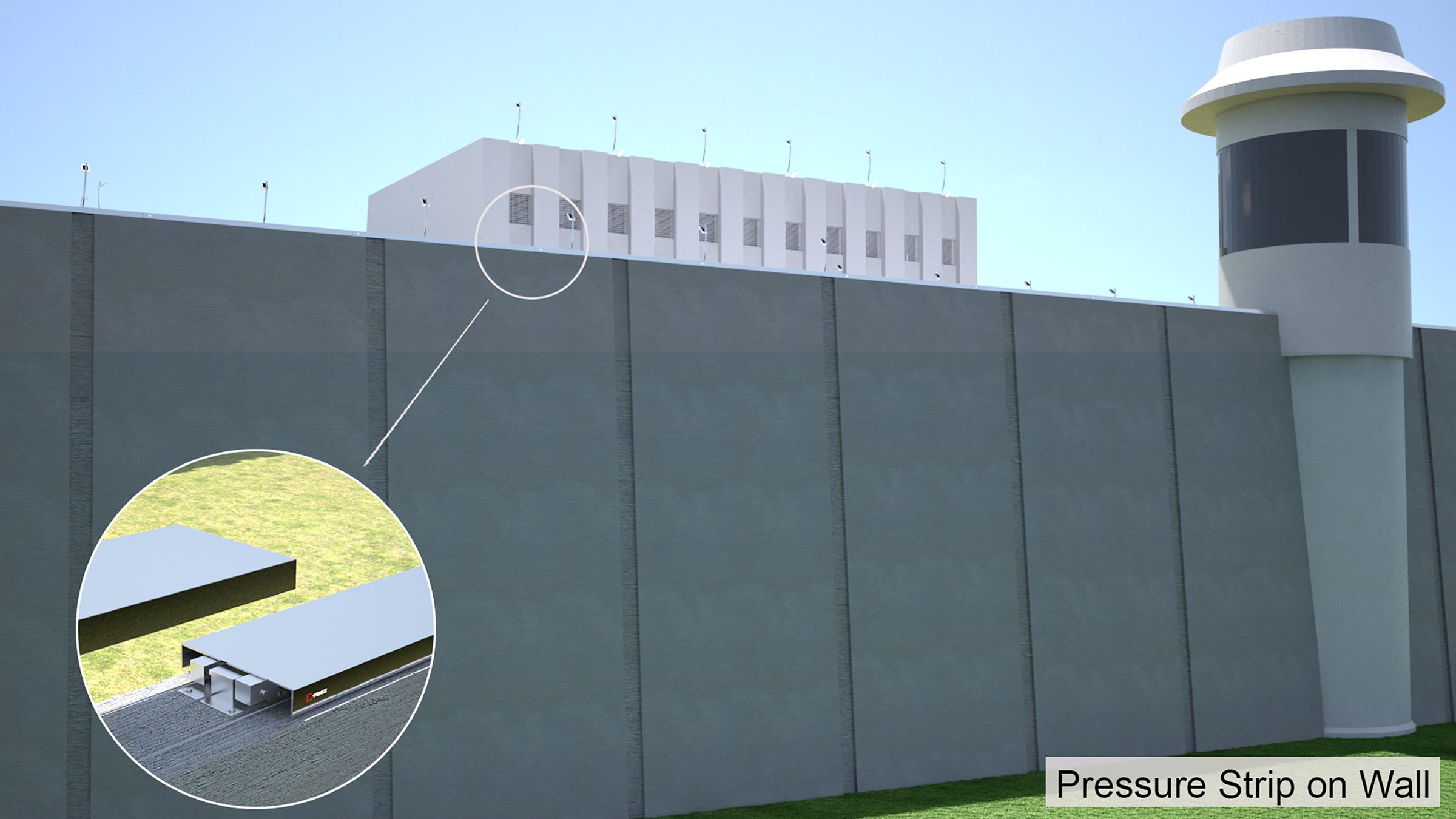 Render: high prison wall and watchtower with D-Pressure Strip along the crown, inset of the strip
