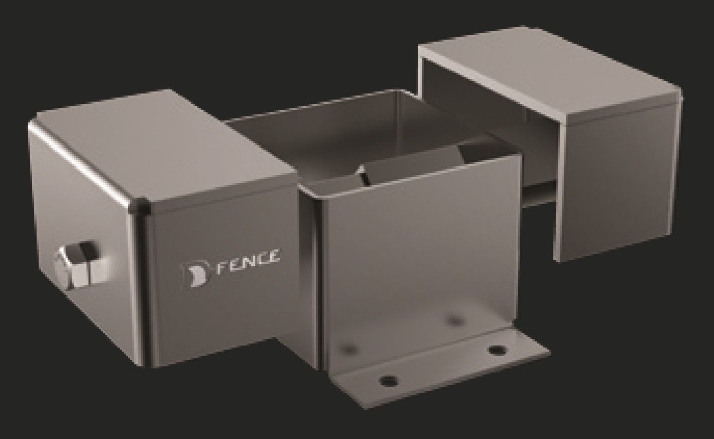 D-FENCE stainless-steel pressure sensor unit with its mounting bracket, dark background