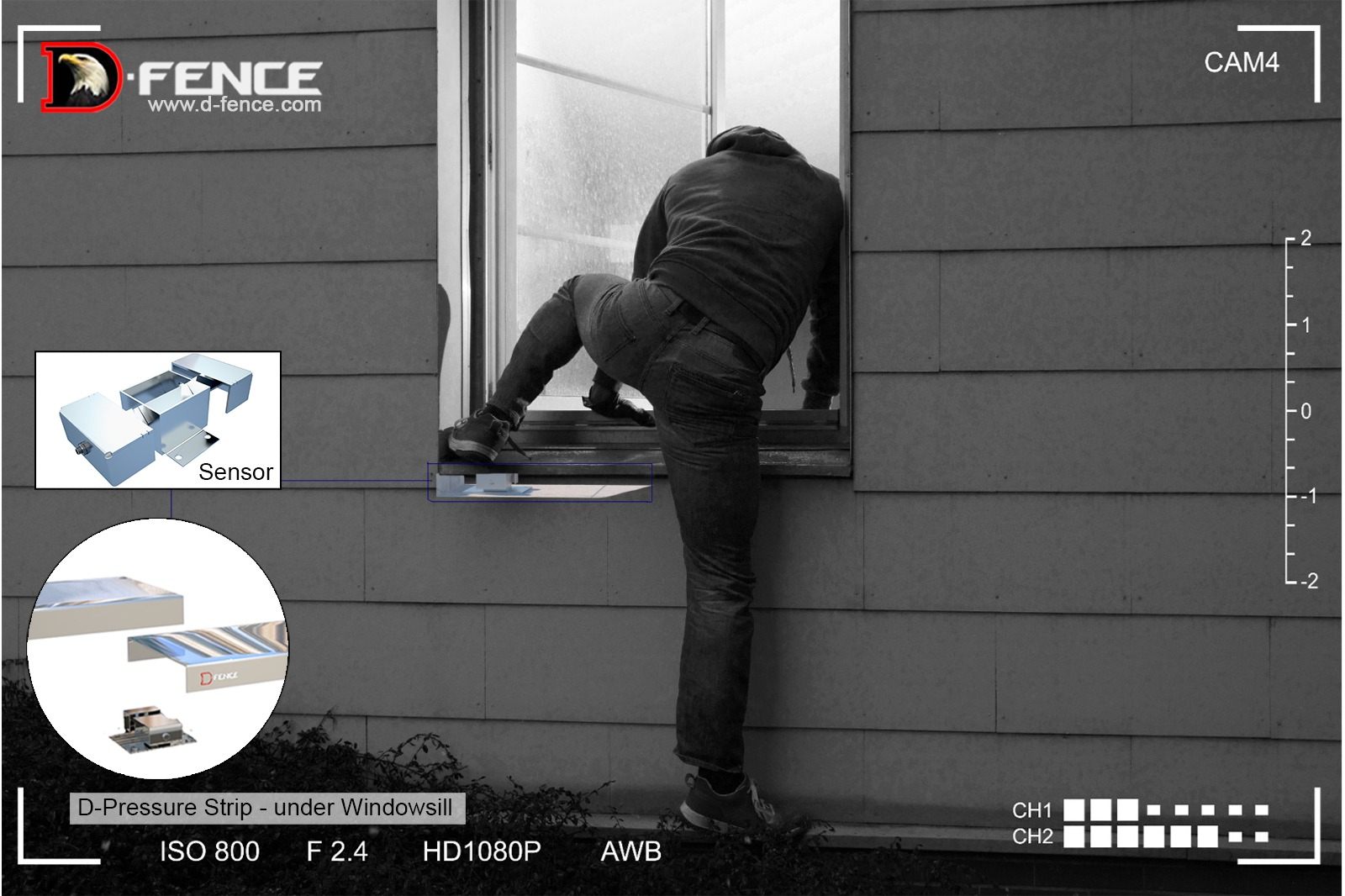 Security-camera style frame: an intruder climbs through a window; insets show D-Pressure Strip under the windowsill