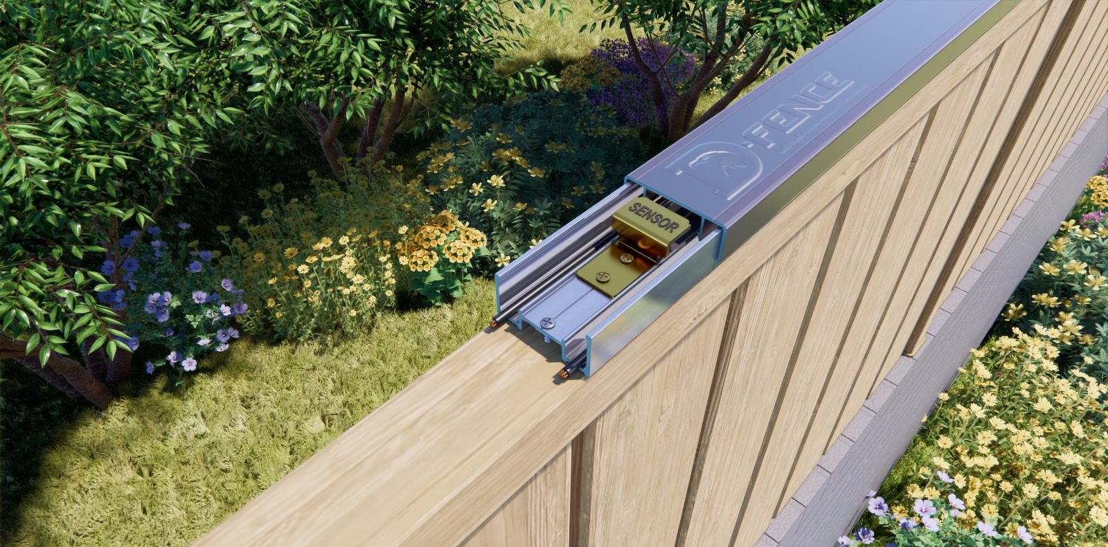 Render: wooden wall-top coping cut open to show the D-FENCE sensor rail inside