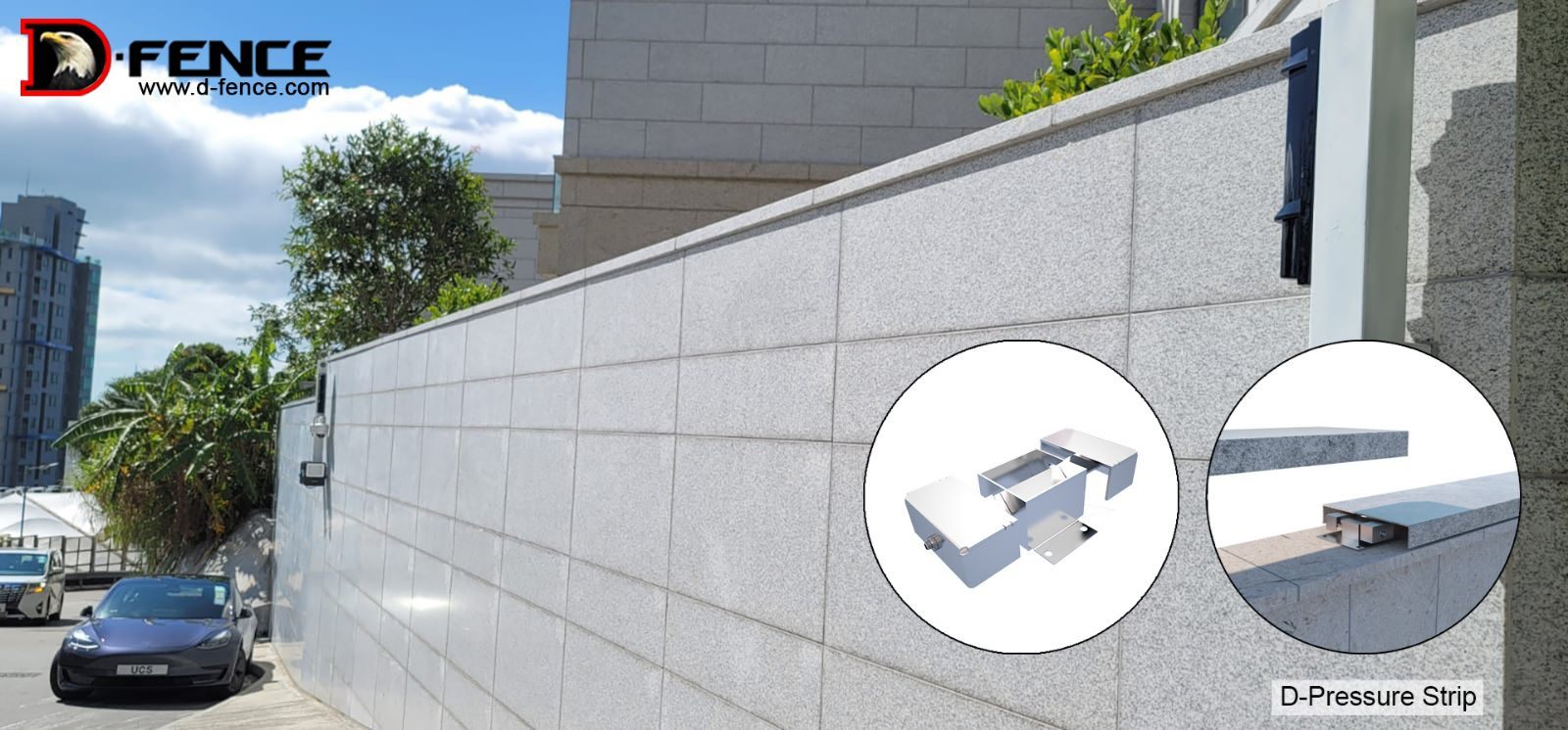 Granite boundary wall of a residential tower with insets of the sensor bracket and the lifted coping