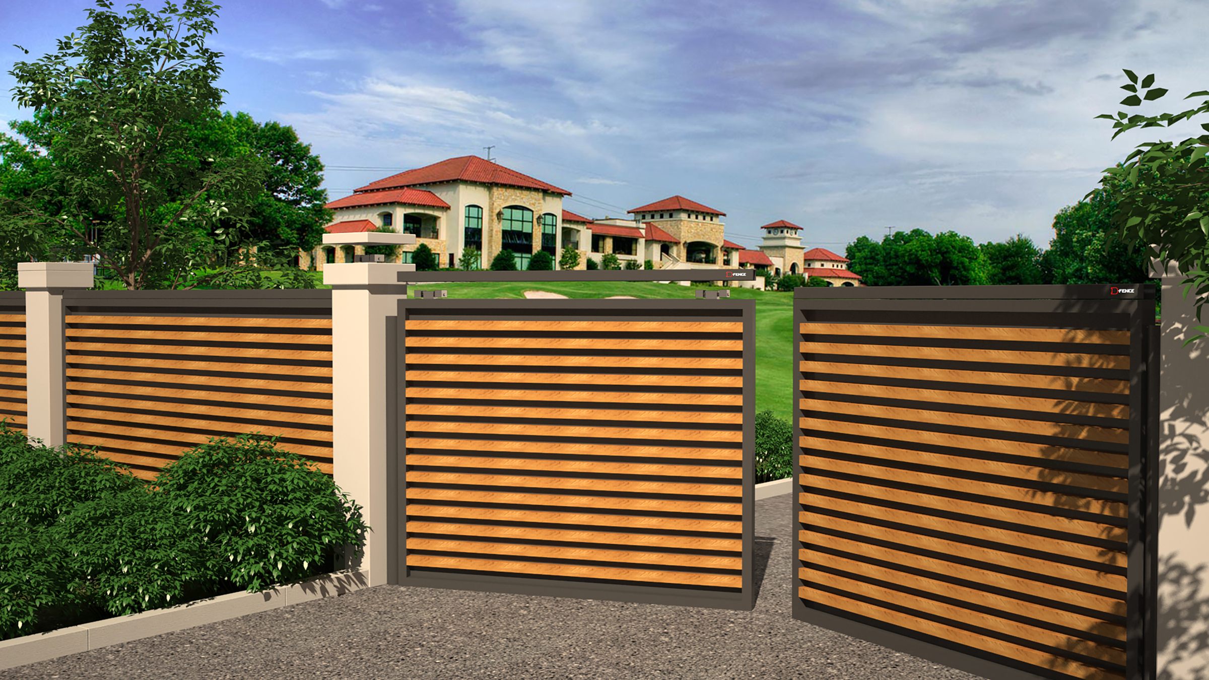 Render: villa entrance gates with a D-Pressure Strip along the top rail