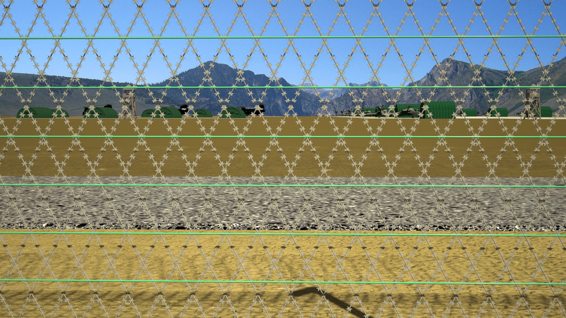 Render: razor-mesh fence panels across an open field, mountains behind