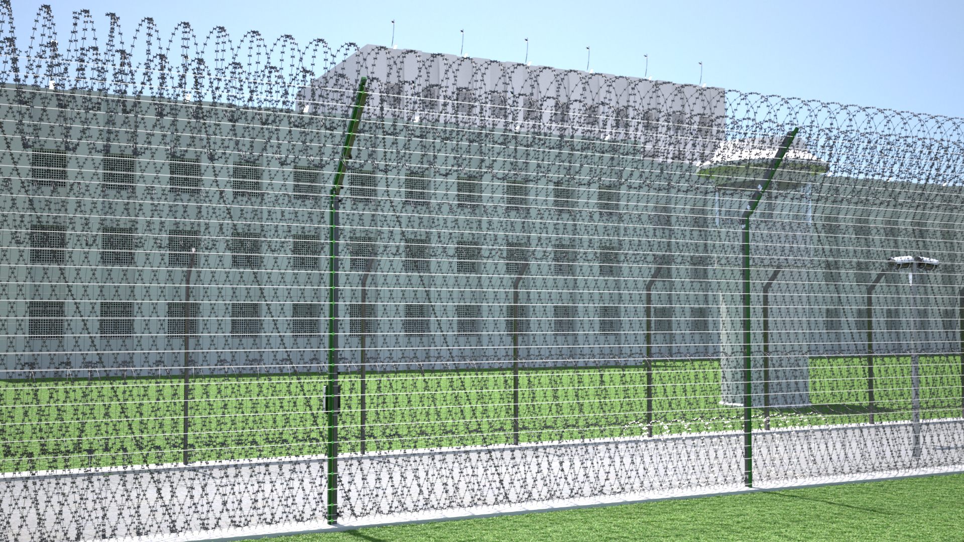 Render: razor-mesh fence with concertina at the top and base in front of a prison building