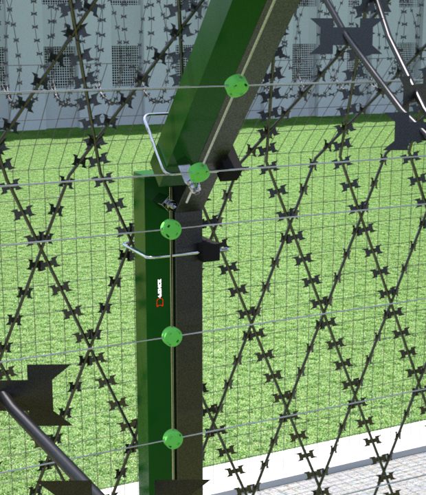 Render: green D-FENCE sensor post carrying razor-mesh panels