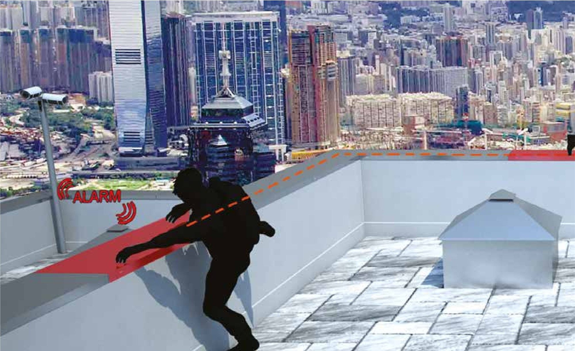 High-rise rooftop above a city: an intruder climbing over the parapet triggers the red pressure-strip zone and ALARM, a camera pole covers the roof
