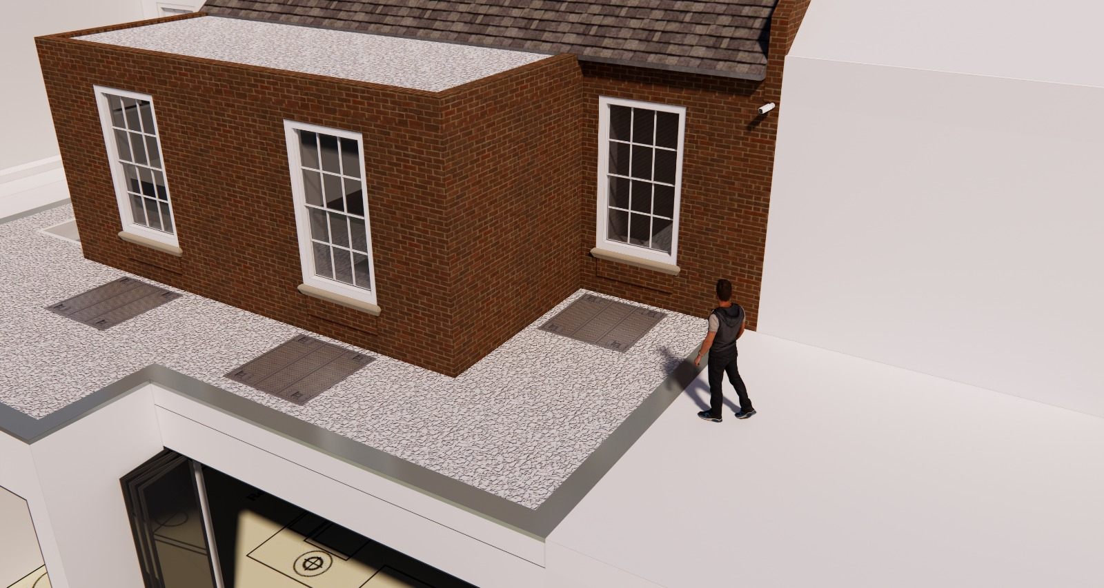 Render of a brick house with a flat roof around a dormer: D-Roof sensor panels are set into the roof surface, a person walks onto them and a wall camera watches the roof