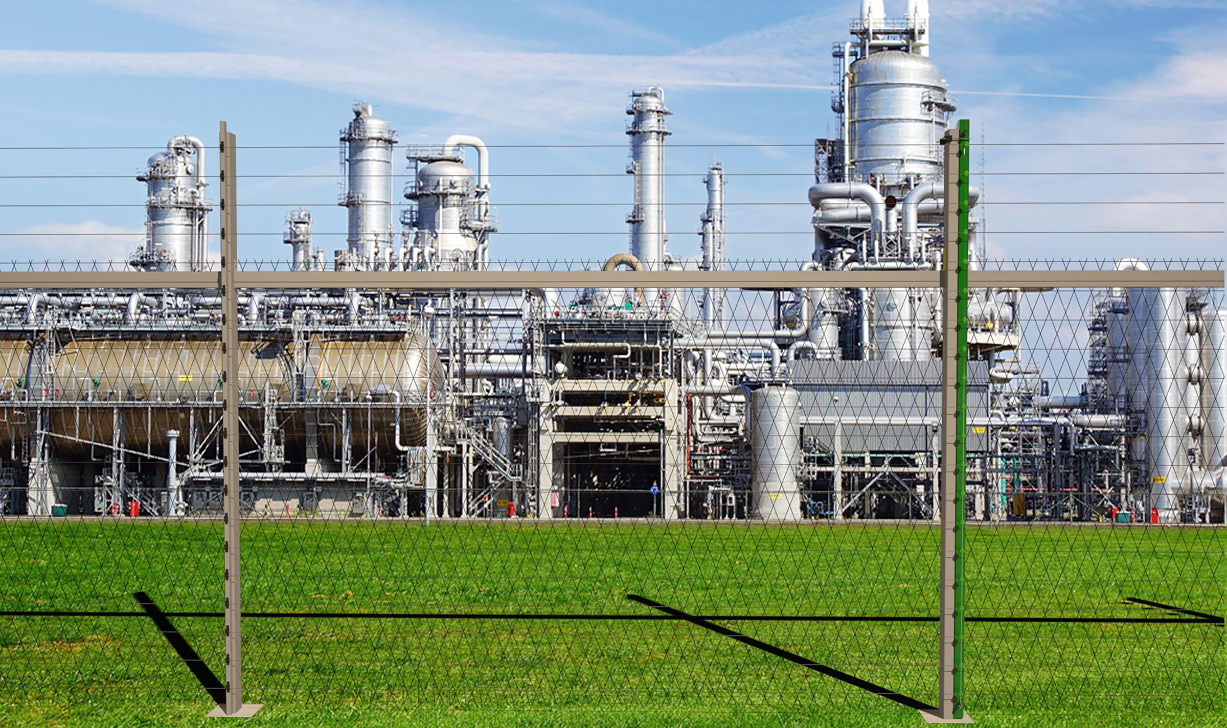 Render: taut-wire fence on sensor posts in front of a refinery