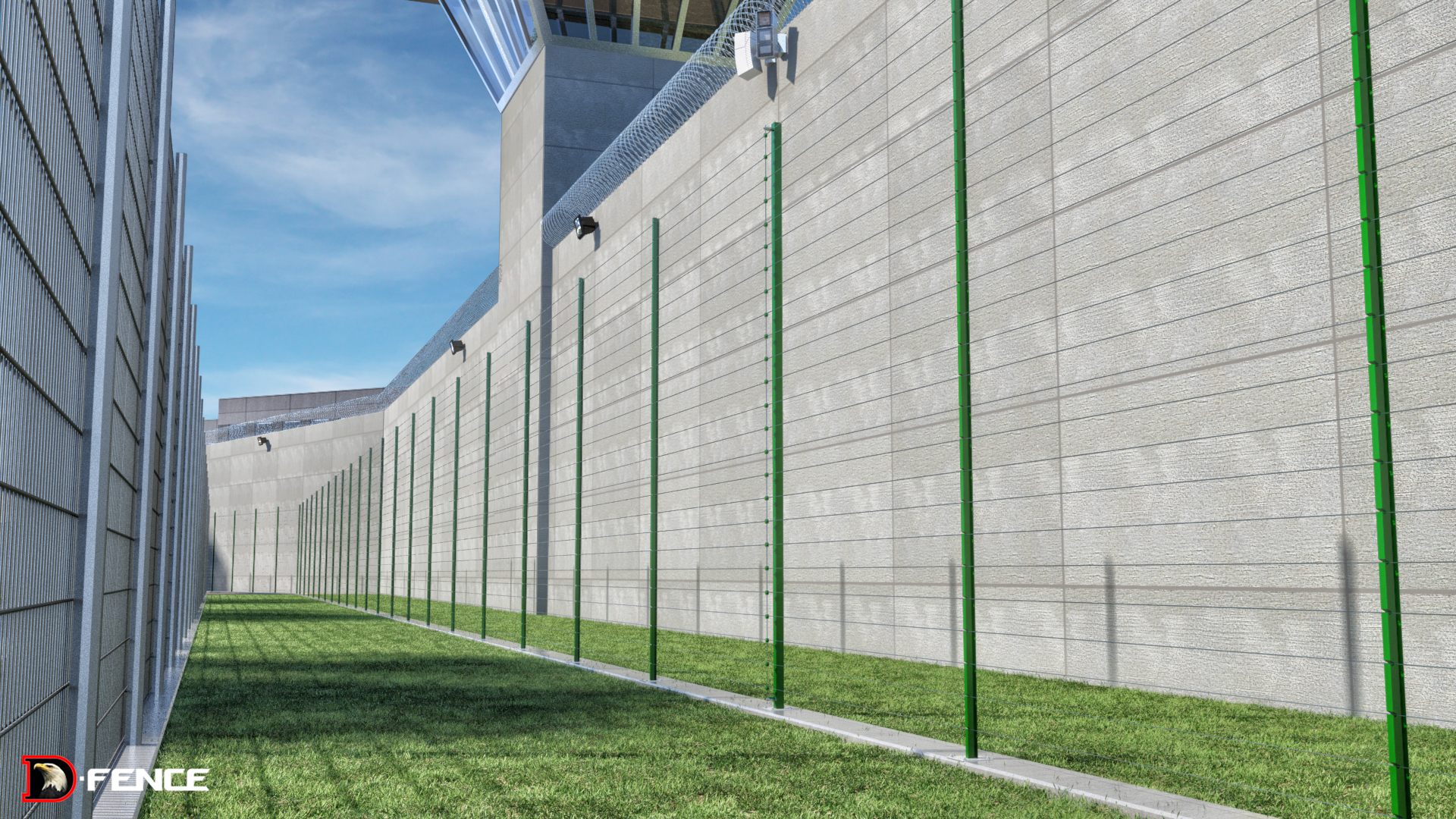 Render: free-standing taut-wire detection fence in the sterile zone between a prison wall and an inner fence