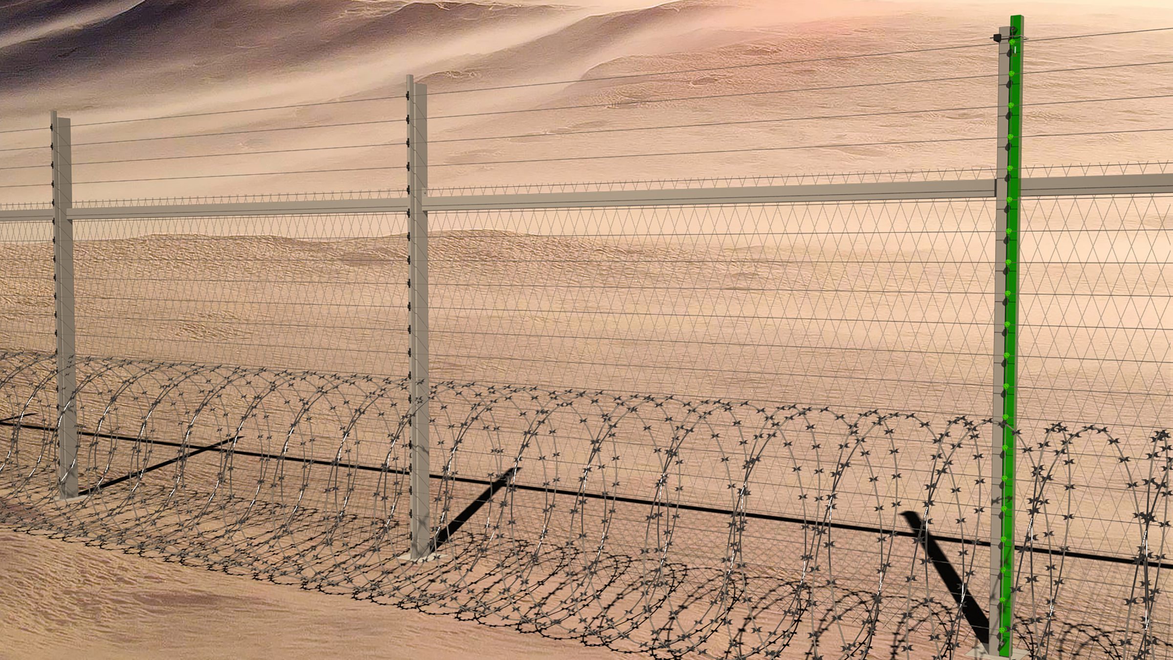 Render: taut-wire fence with a concertina coil behind it across desert sand