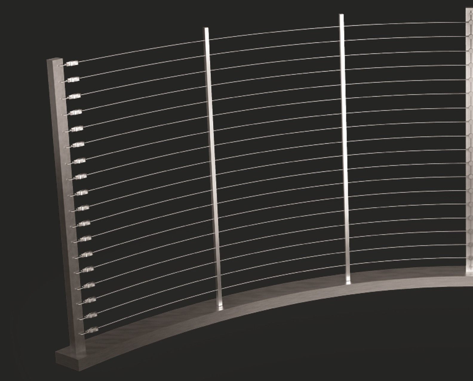 Render: curved stainless taut-wire fence with tensioners on the end post, dark background