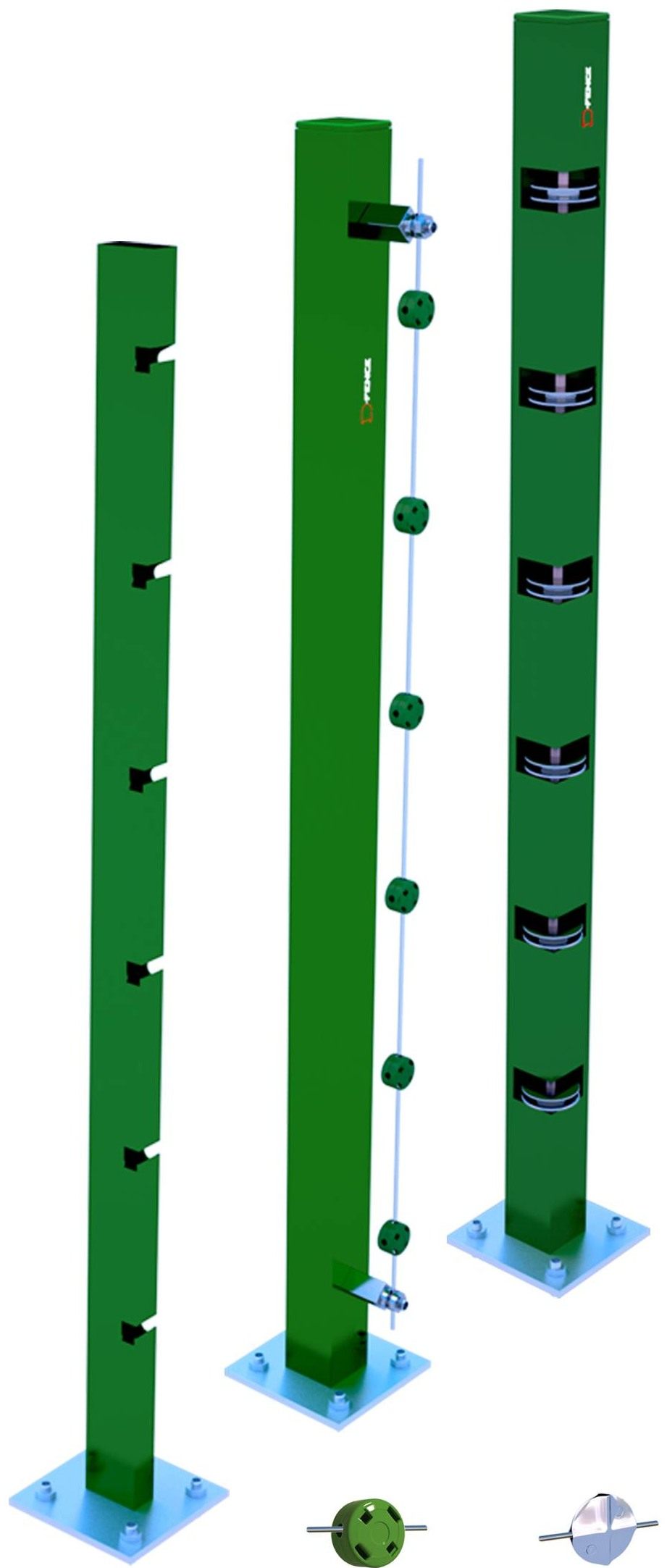 Three green D-Taut Wire sensor and slider posts on base plates, white background