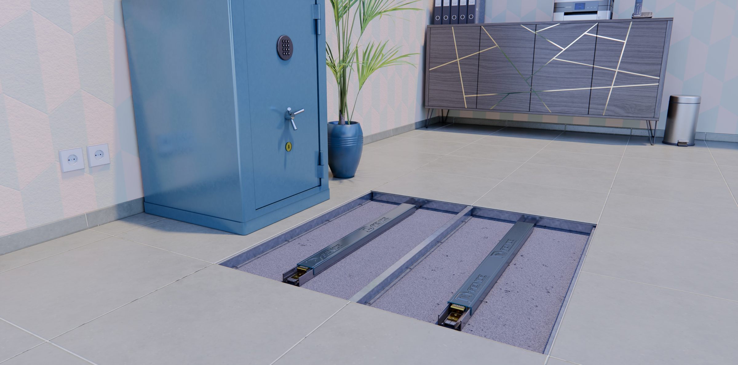 Office with a safe: floor tiles lifted in front of it to show two D-FENCE sensor strips on rails beneath