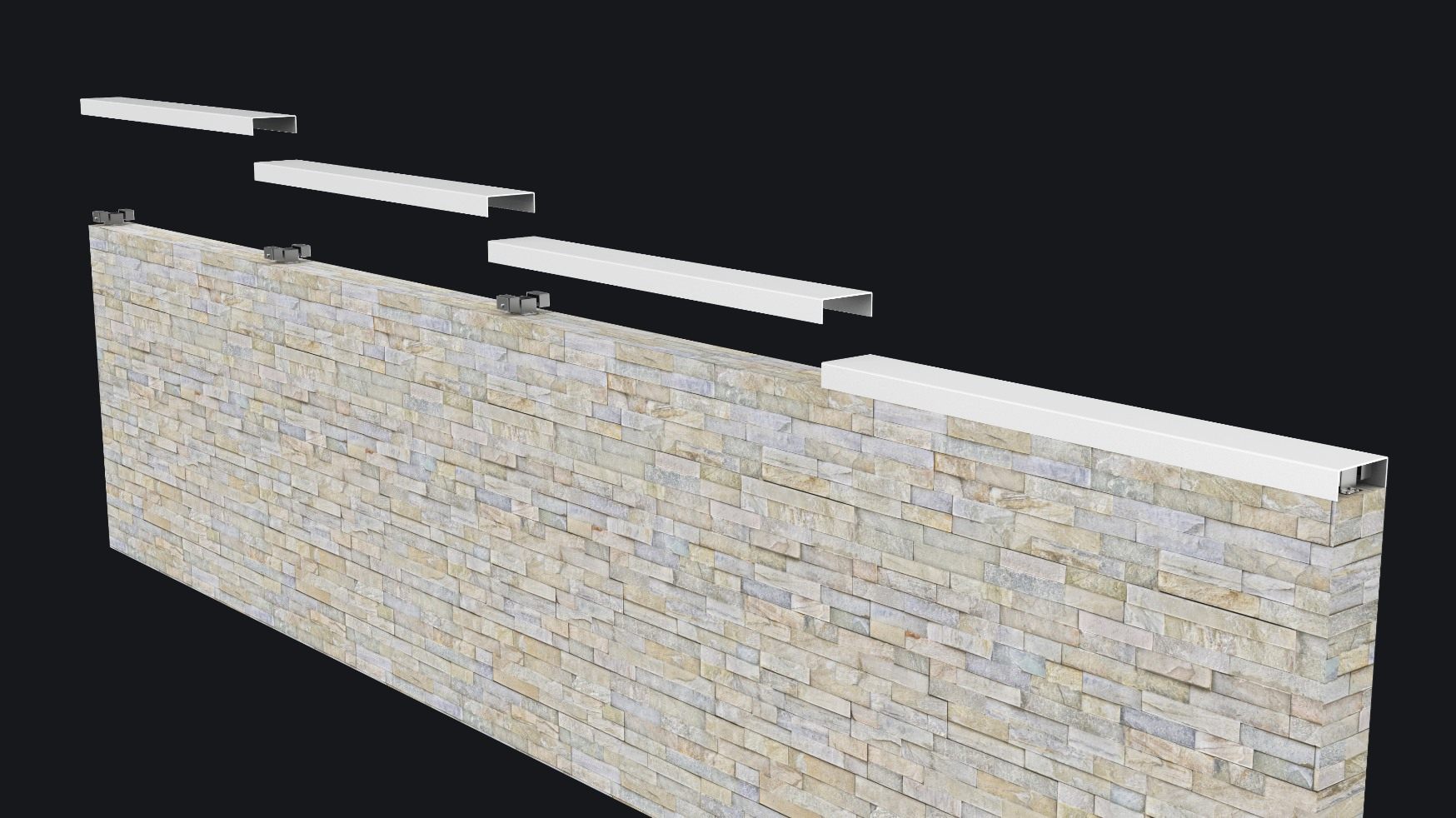 Exploded render of a stone-clad wall with white coping sections lifted to show the pressure sensors on the wall top