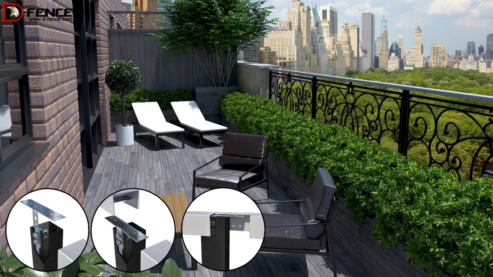 Roof terrace with an ornamental railing over a city park; three close-ups show the sensor brackets under the railing top