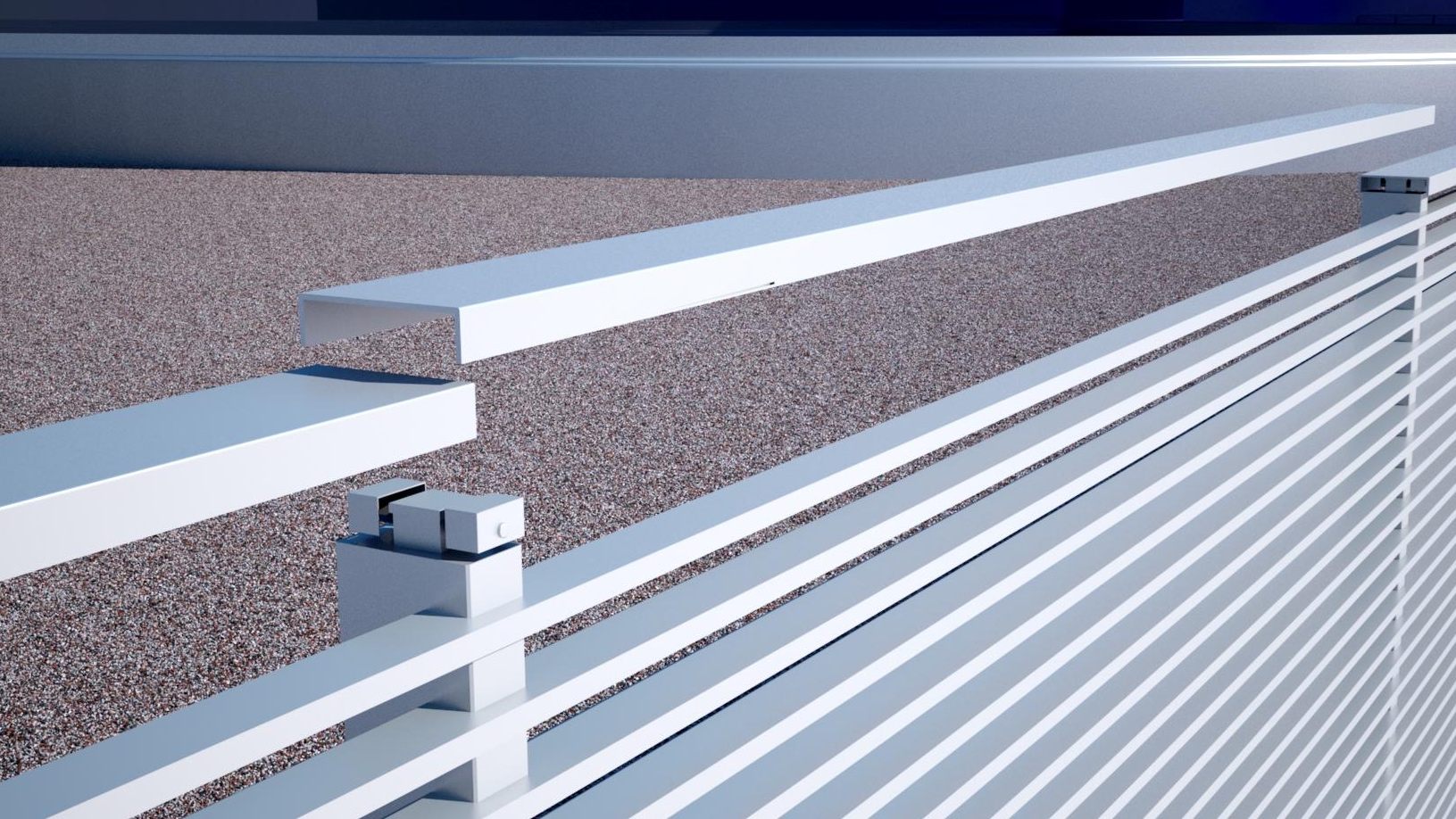 Render of a white slatted fence with its top cover lifted to show the D-Tech sensor mounted on the post