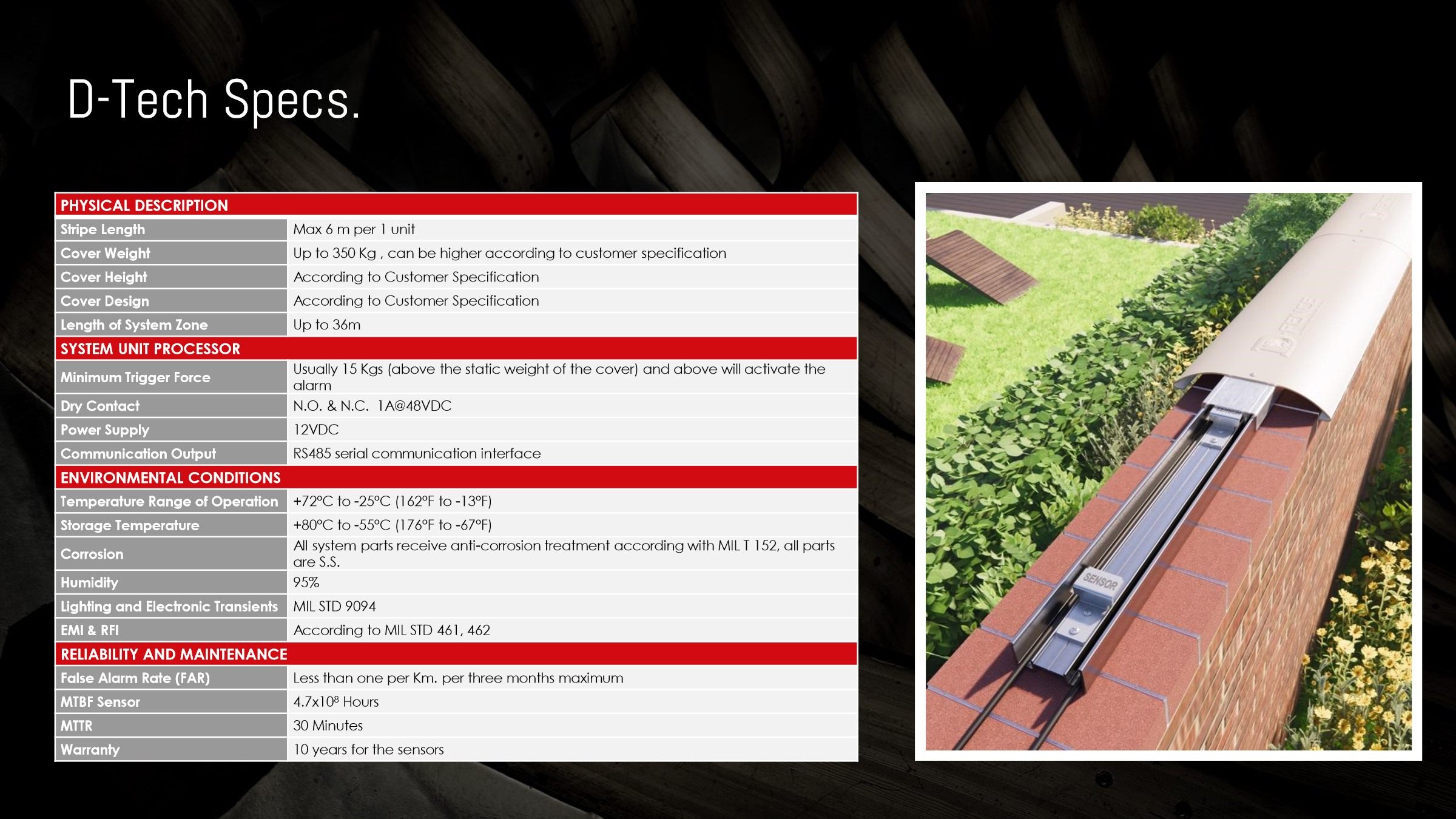 D-Tech specification slide: physical, processor, environmental and reliability data beside a render of the sensor under a wall coping