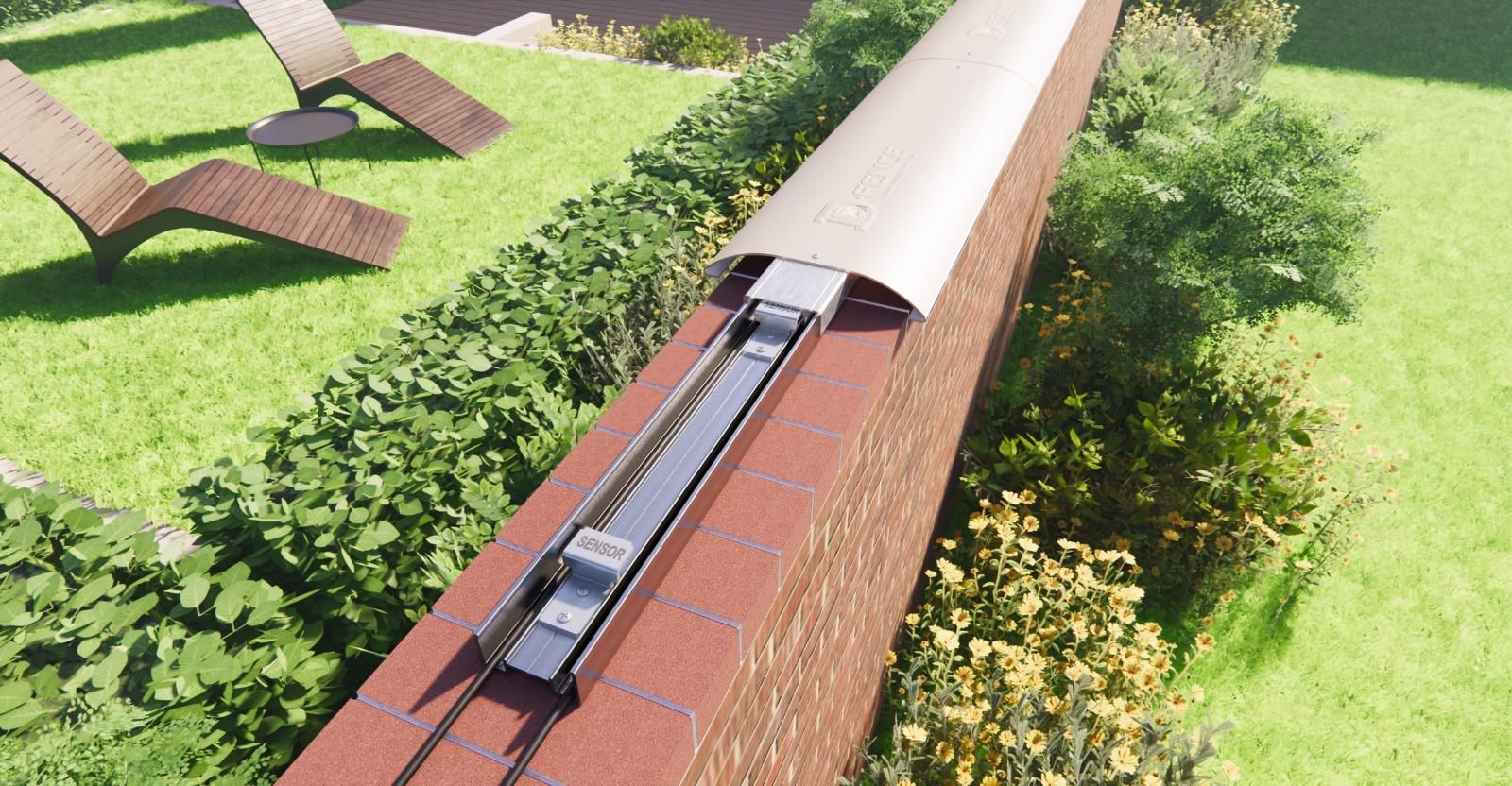 Garden wall with its coping lifted: the ultra-slim D-Tech pressure-sensor strip runs along the wall top, next to a lawn with sun loungers