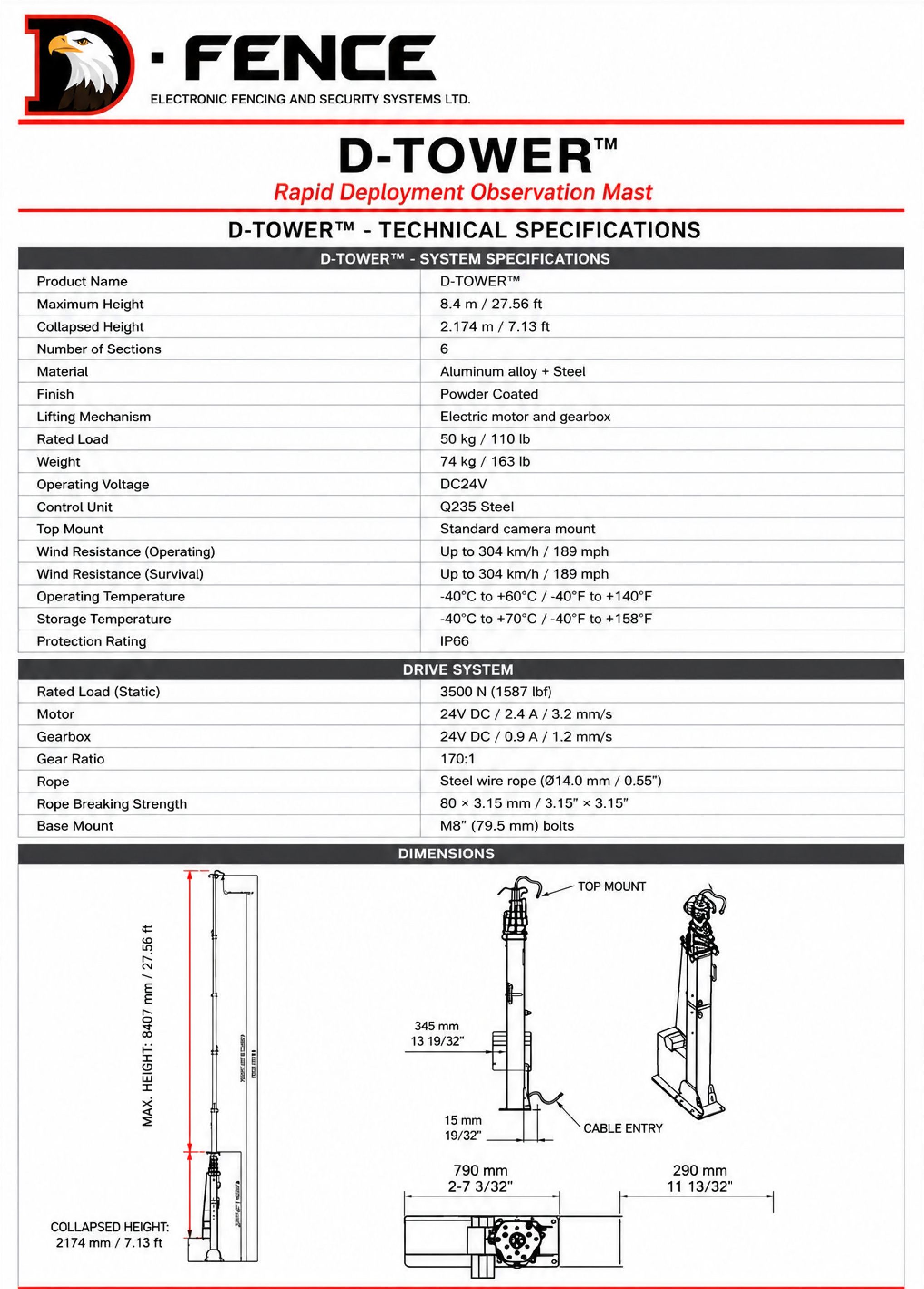 D-Tower technical specification sheet: system specifications, drive system and dimension drawings