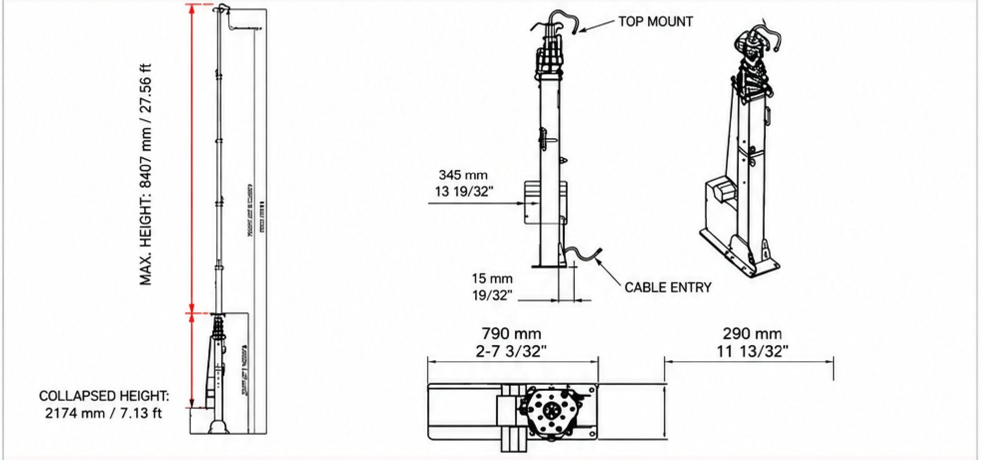 Dimension drawing of the D-Tower telescopic mast: 8,407 mm extended, 2,174 mm collapsed, with top mount, cable entry and base plate