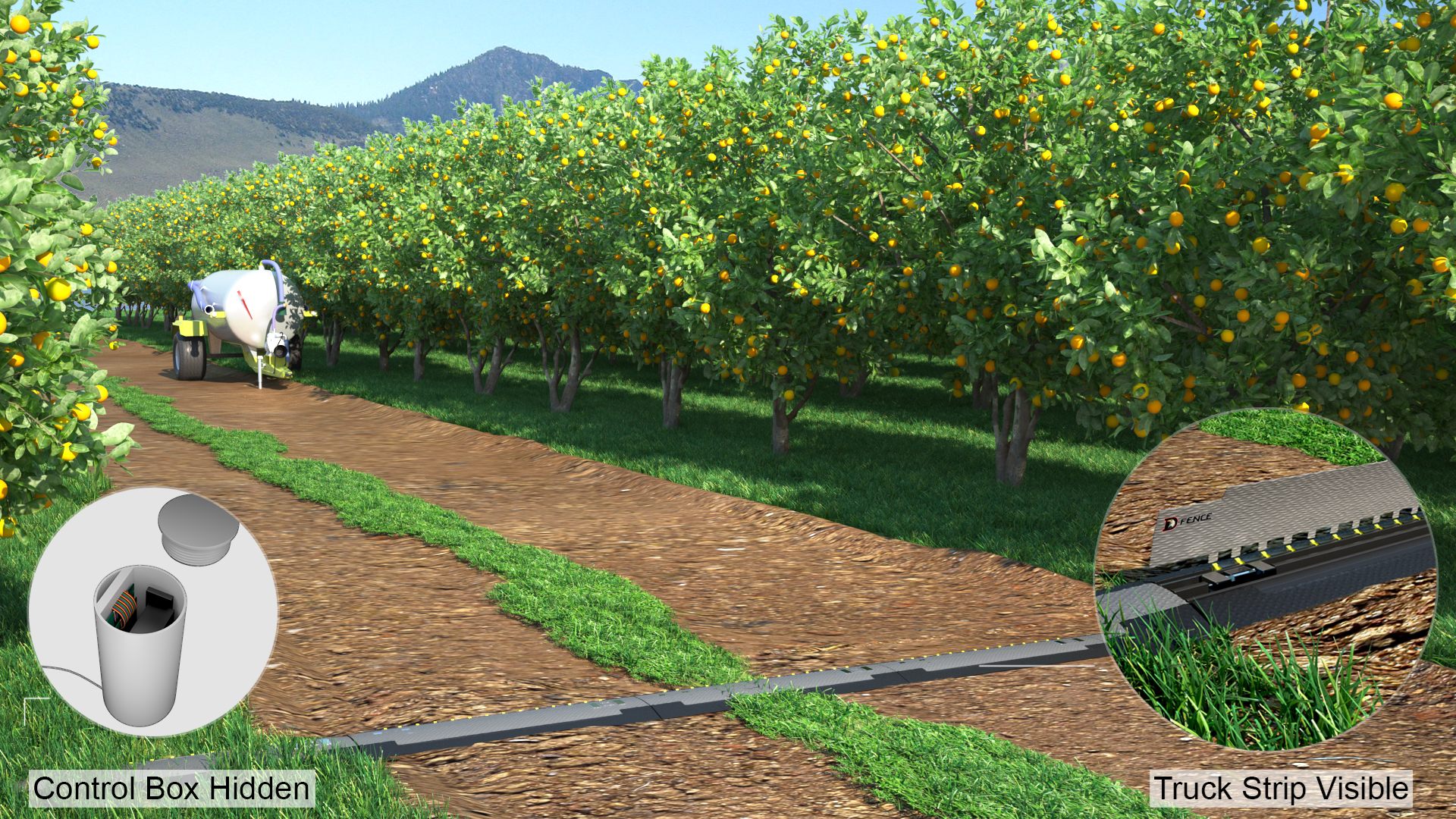 Orchard track crossed by a D-Truck Strip, a tanker trailer between the trees; insets show the hidden control box and the visible strip