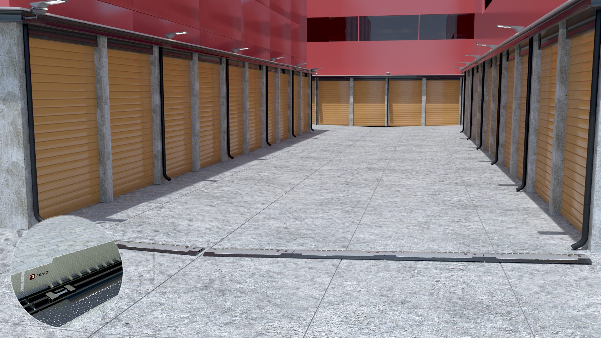 Alley between rows of roller-shutter storage units, closed by a grey D-Truck Strip across the concrete