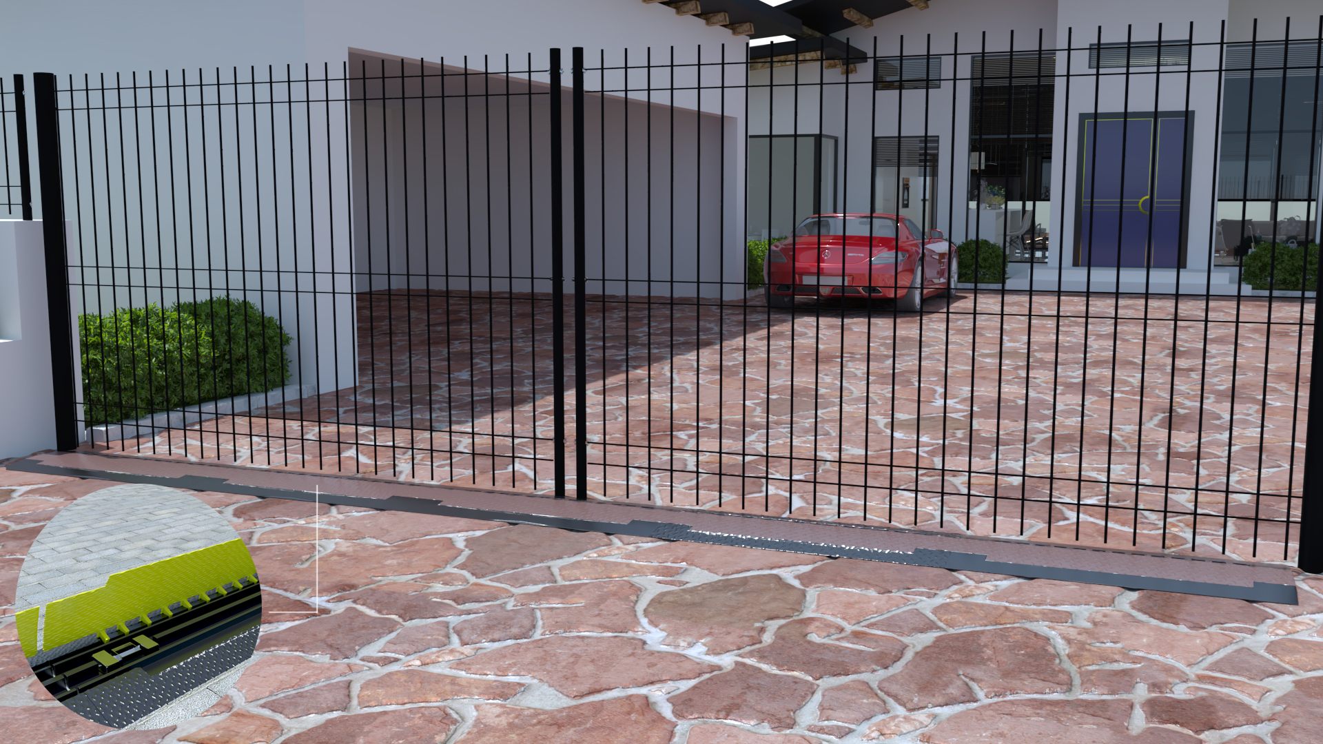 Villa driveway behind a black metal gate, with a D-Truck Strip laid under the gate line