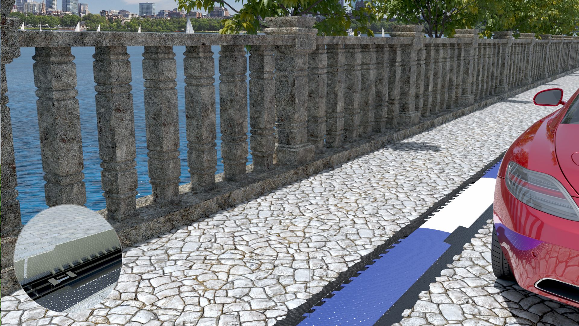 Waterfront promenade with a stone balustrade; a blue strip crosses the cobbles in front of a car