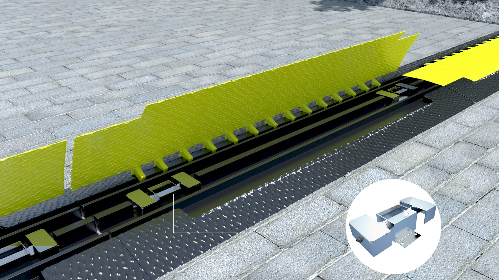 Close render of the D-Truck Strip with its yellow cover raised above the sensor channel, and an inset of the sensor unit