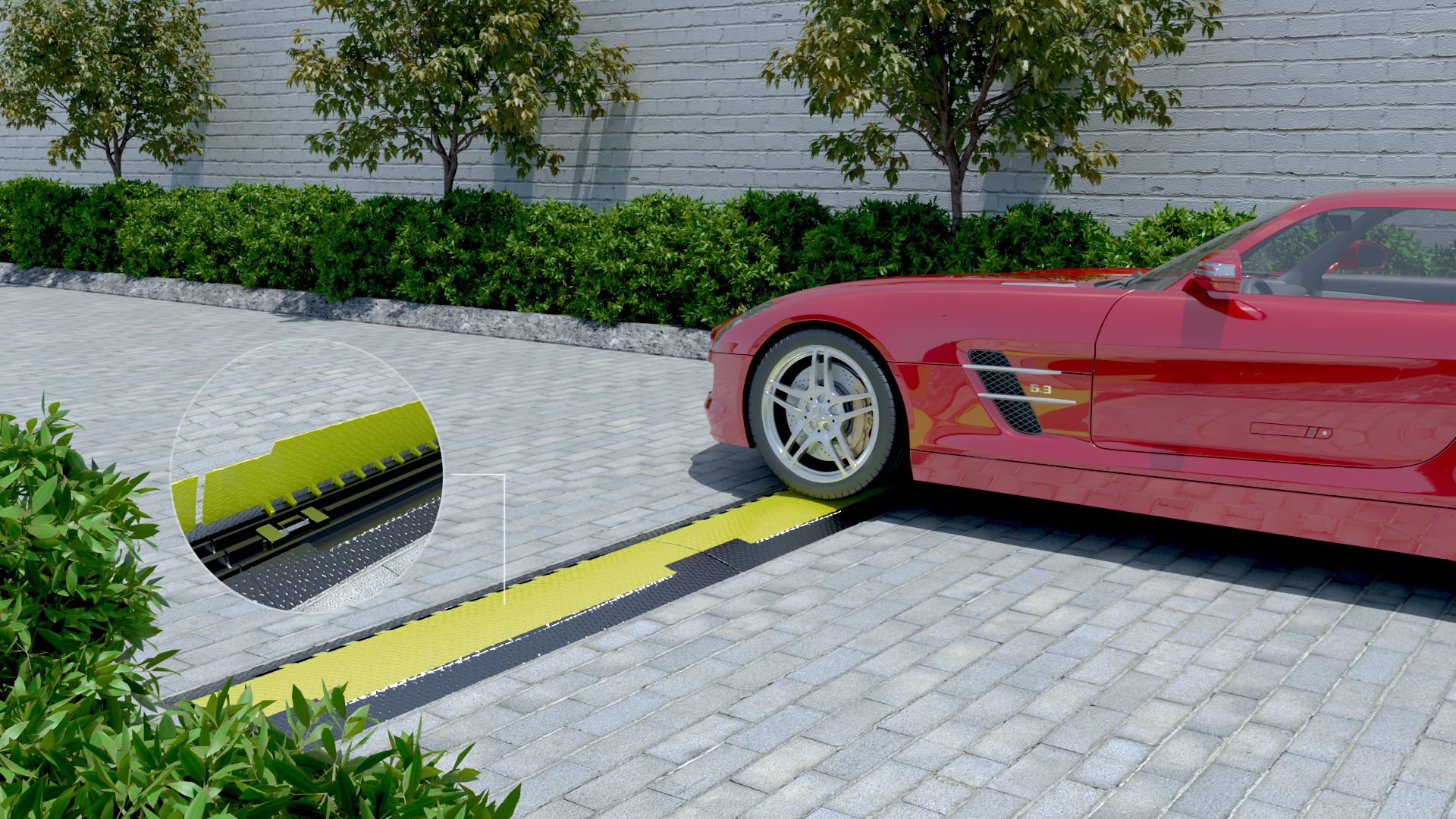 Paved driveway beside a hedge: a red car's front wheel on a yellow D-Truck Strip; the inset shows the cover lifted over the sensor channel