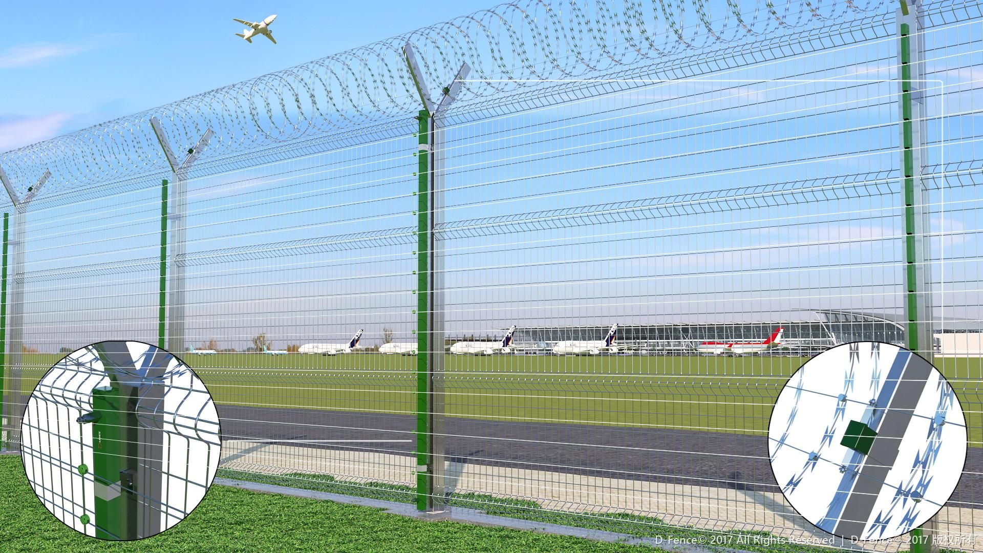 Render: airport double-wire mesh fence with a concertina crown, insets of the sensor posts