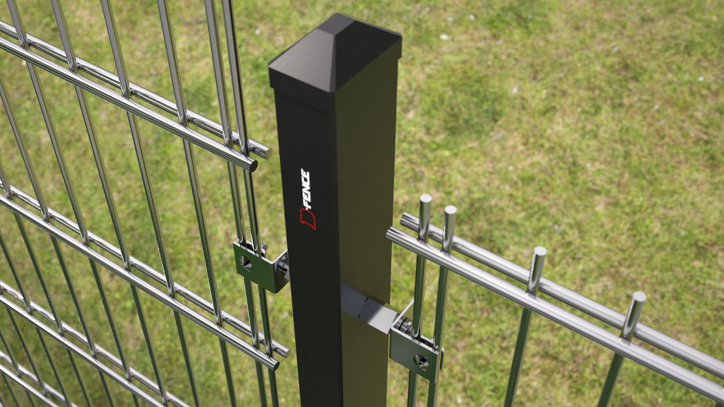 Render: black D-FENCE sensor post with double-wire mesh panels attached by sensor connectors
