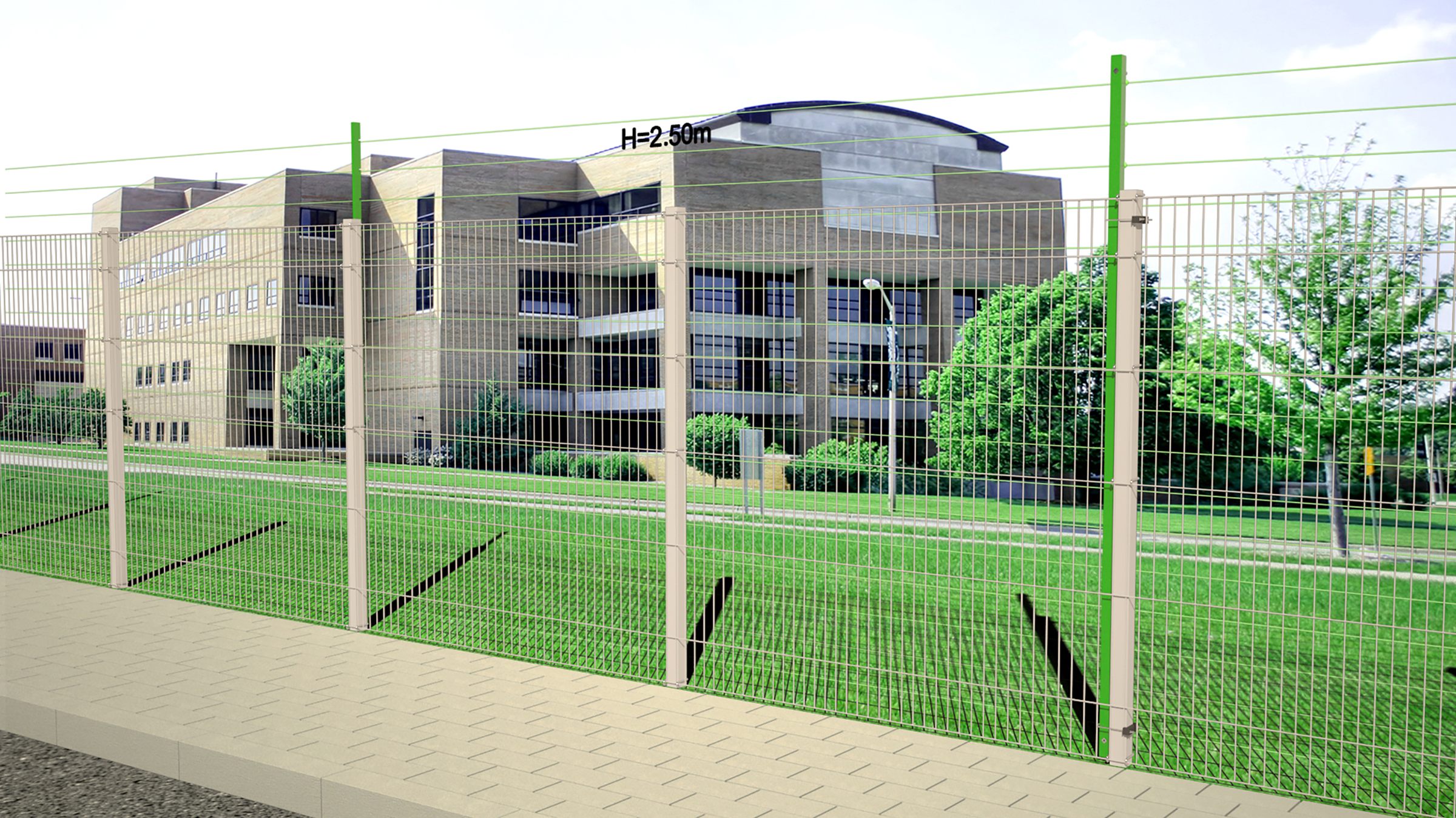 Render: 2.5 m welded-mesh fence with sensor posts around a campus building