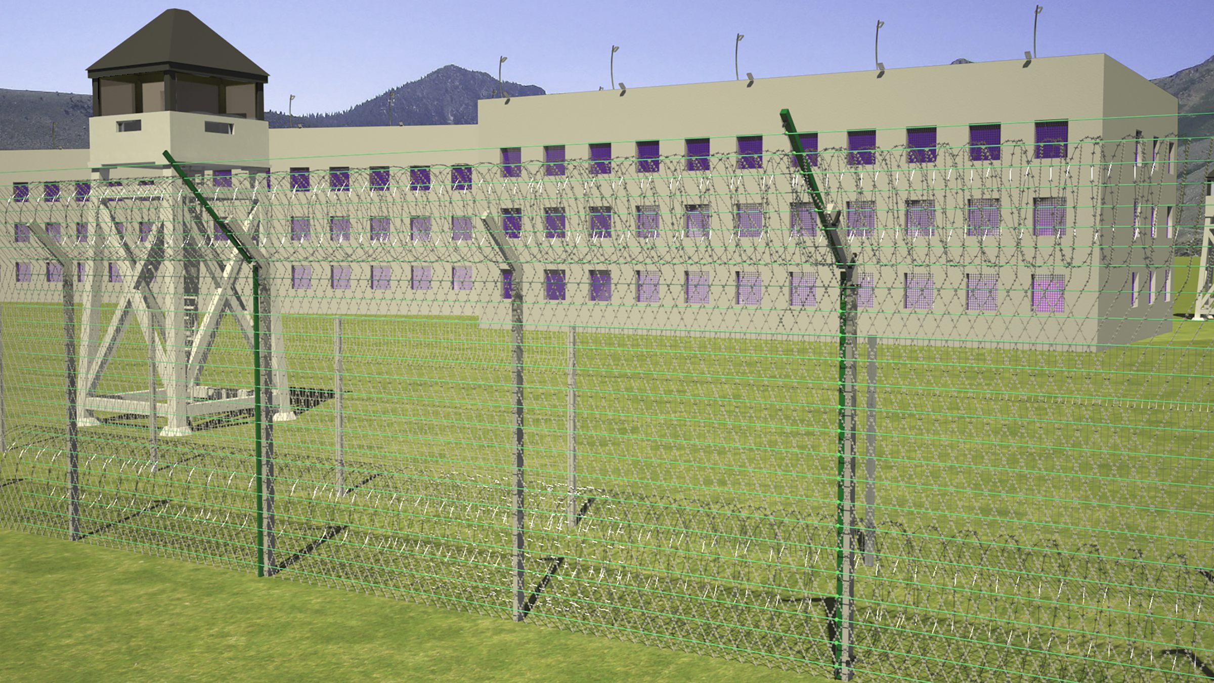 Render: welded-mesh fence with concertina at a prison with a watchtower